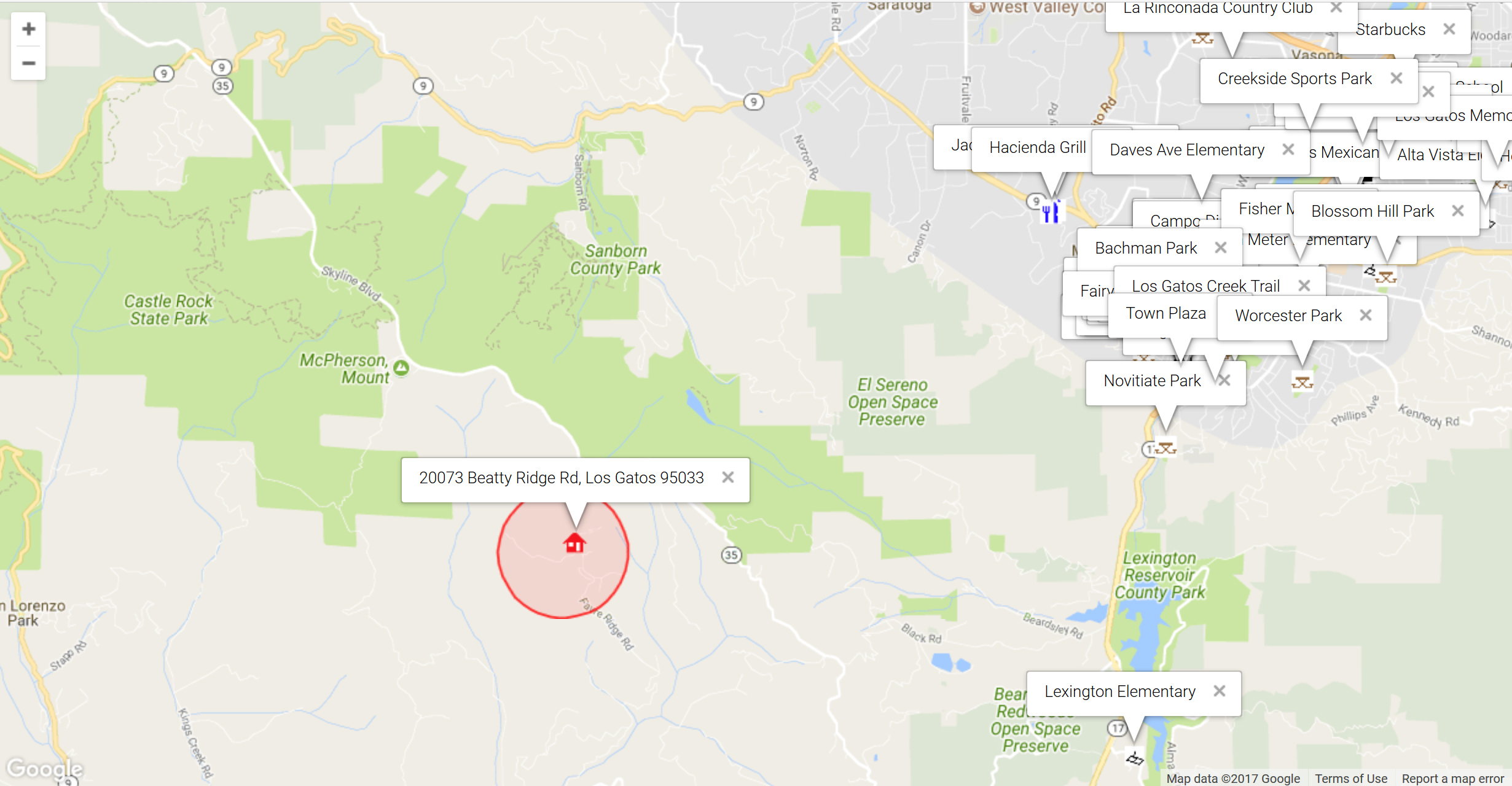 Map of attractions near 20073 Beatty Ridge Rd, Los Gatos 95033