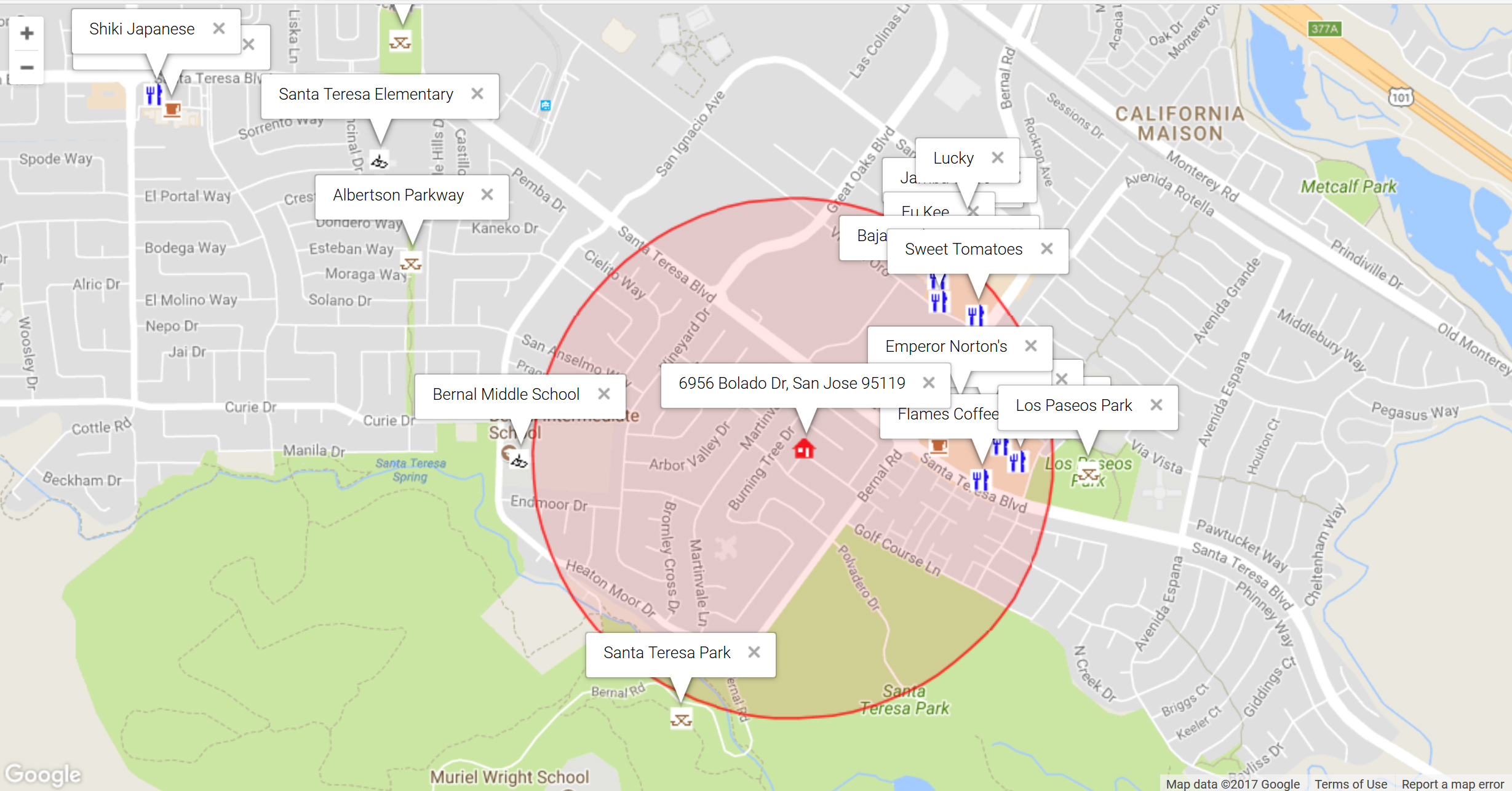 Map of attractions near 6956 Bolado Dr, San Jose 95119