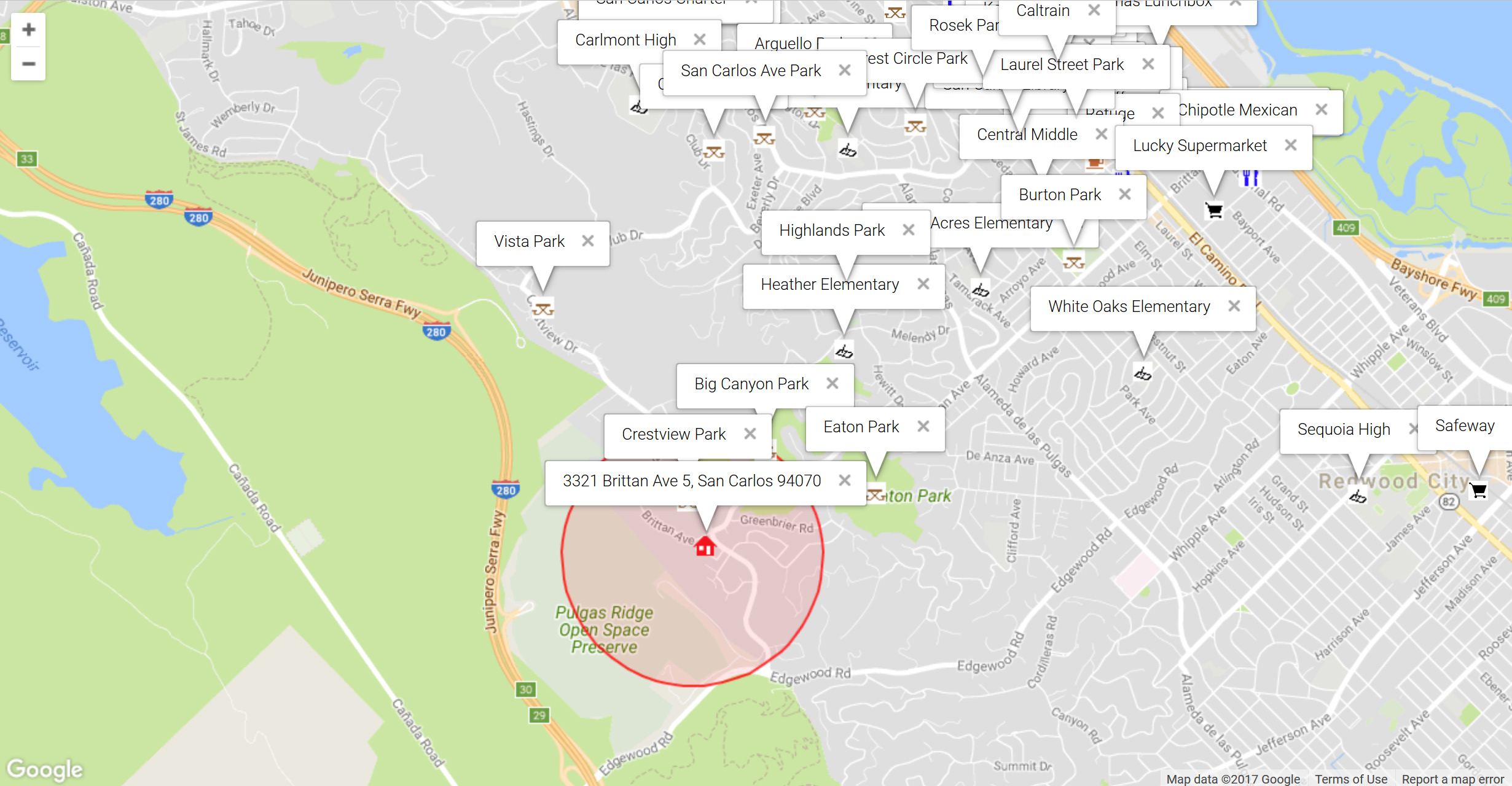 Map of attractions near 3321 Brittan Ave 5, San Carlos 94070