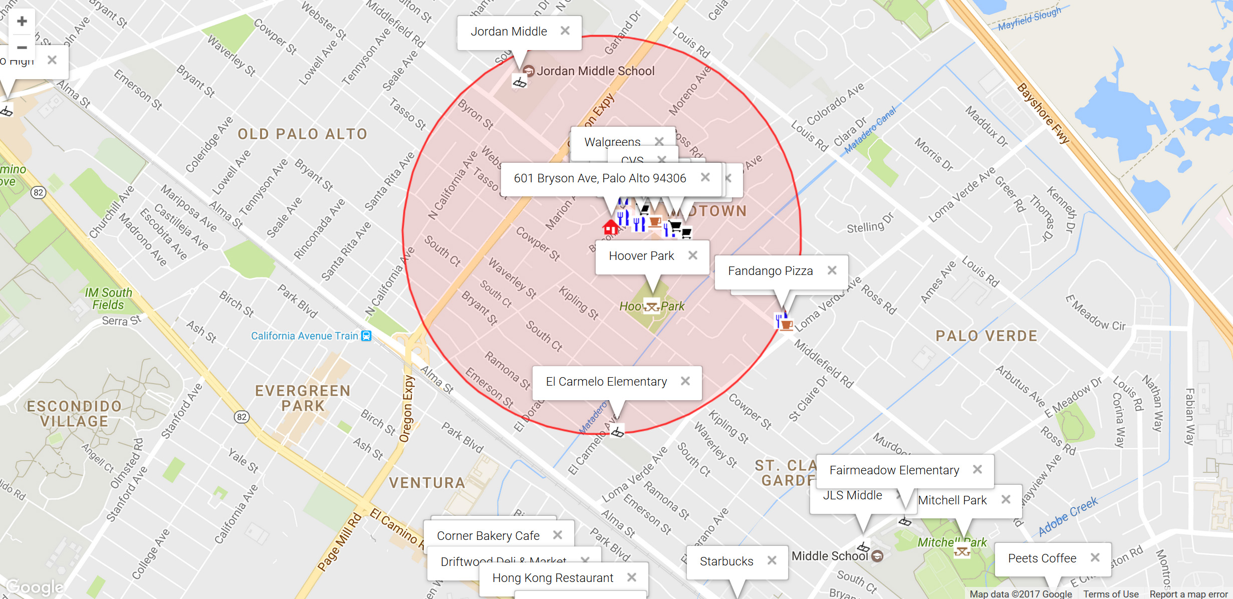 Map of attractions near 601 Bryson Ave, Palo Alto 94306