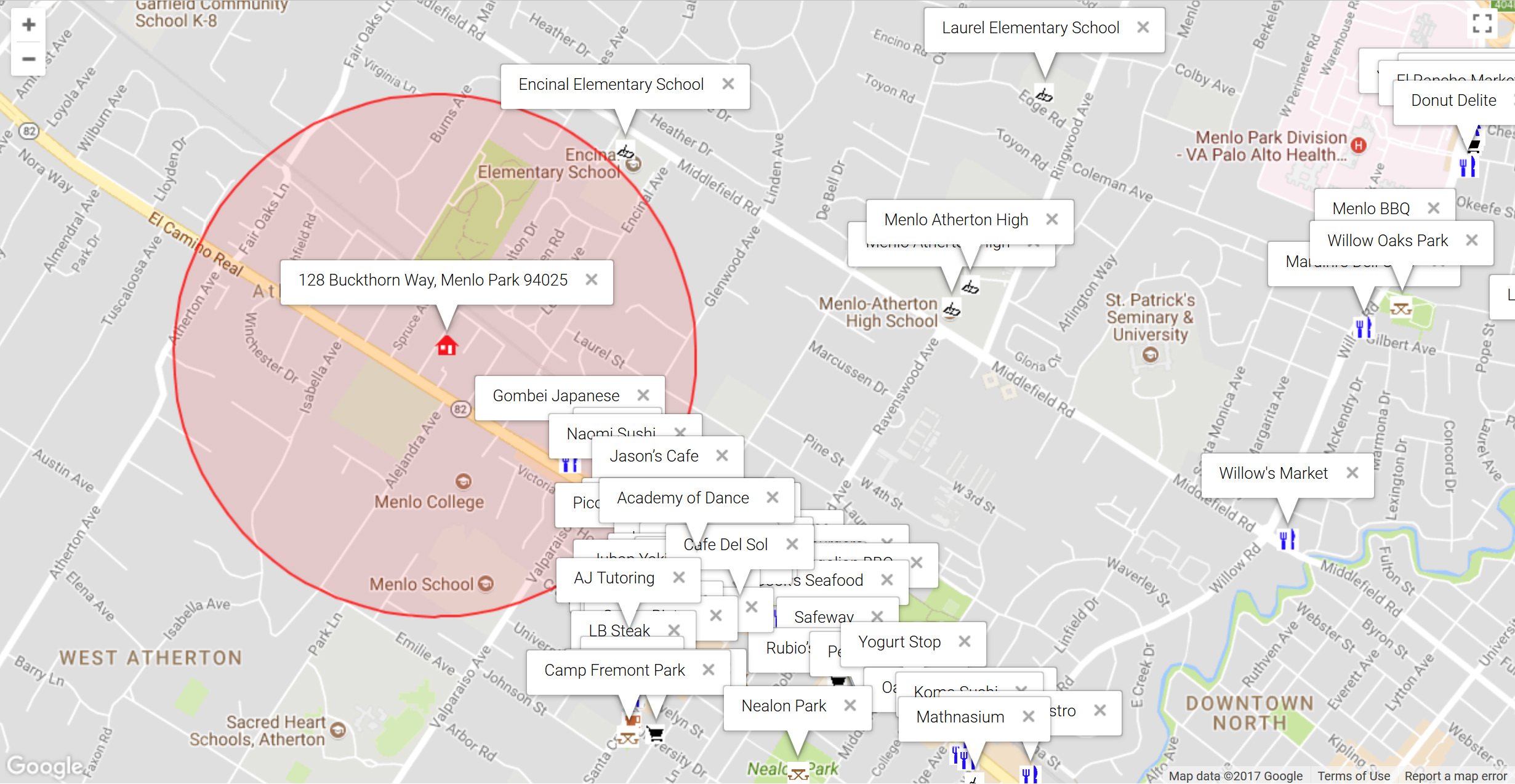 Map of attractions near 128 Buckthorn Way, Menlo Park 94025