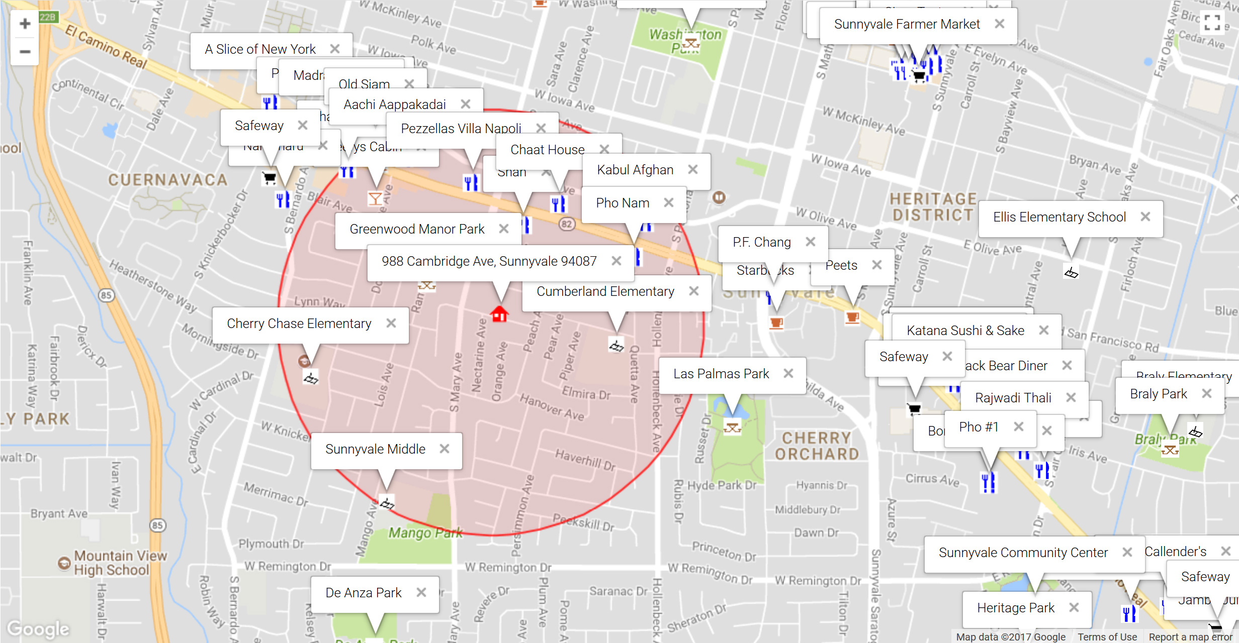 Map of attractions near 988 Cambridge Ave, Sunnyvale 94087