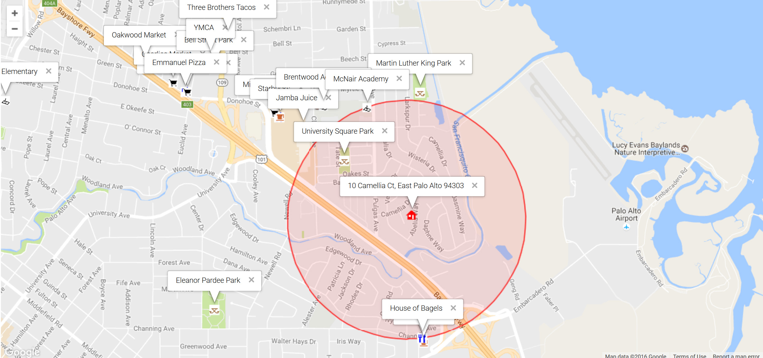 Map of attractions near 10 Camellia Ct, East Palo Alto 94303