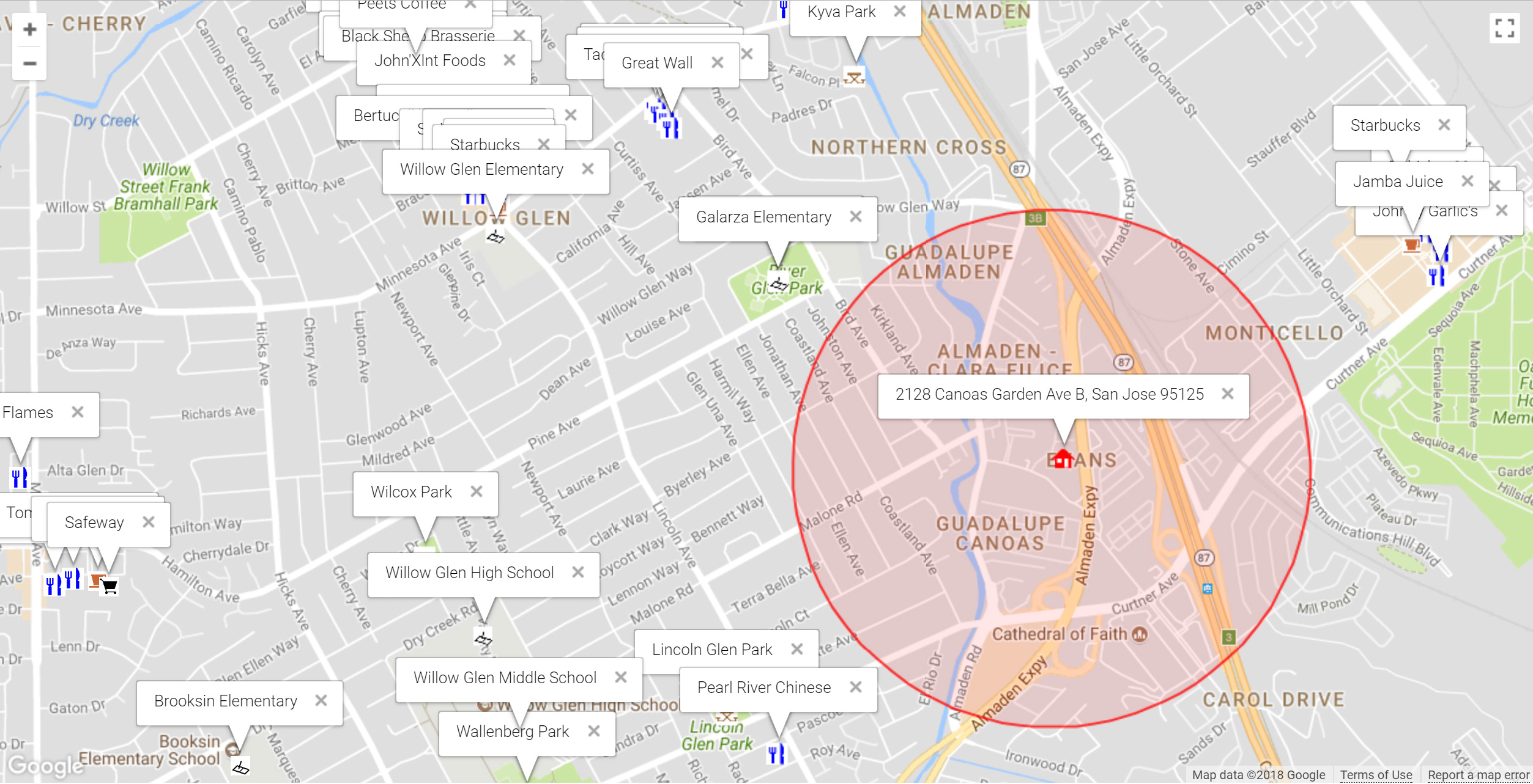 Map of attractions near 2128 Canoas Garden Ave B, San Jose 95125