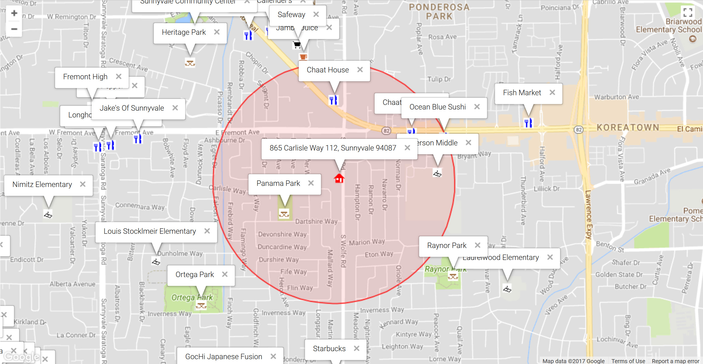 Map of attractions near 865 Carlisle Way 112, Sunnyvale 94087