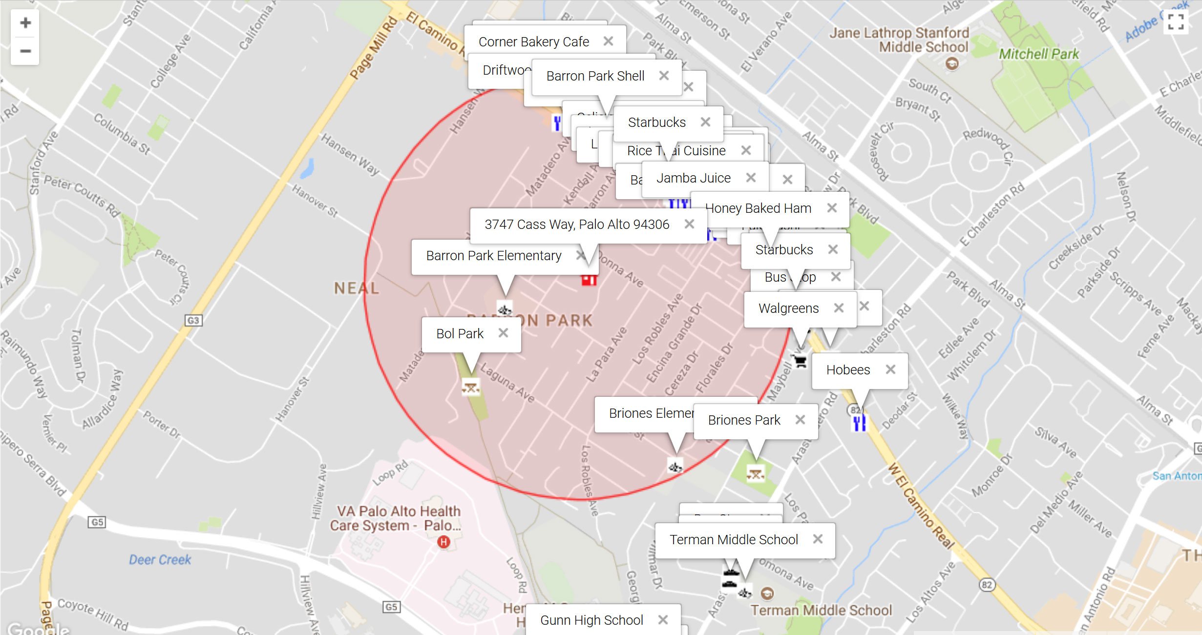 Map of attractions near 3747 Cass Way, Palo Alto 94306
