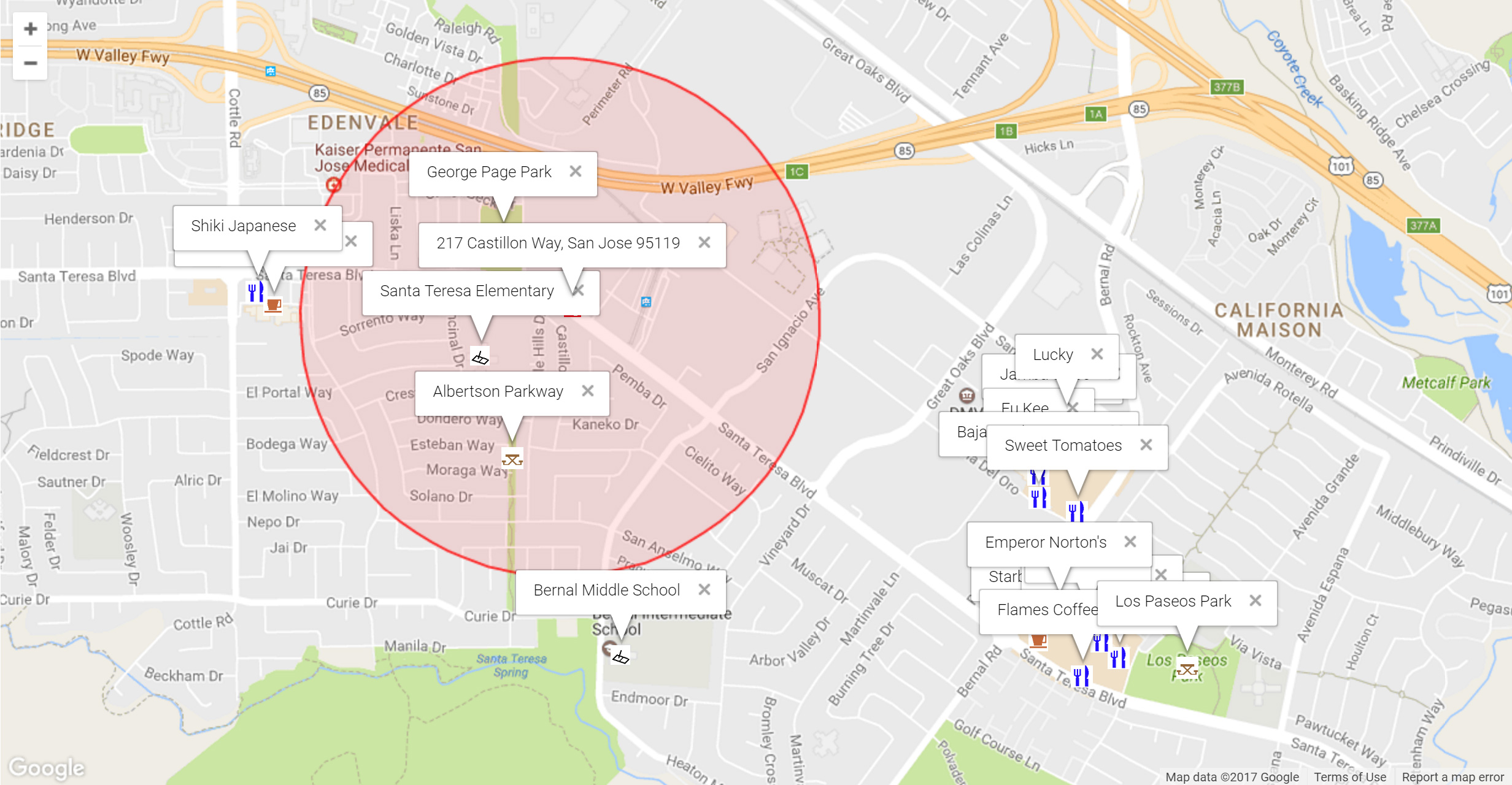 Map of attractions near 217 Castillon Way, San Jose 95119