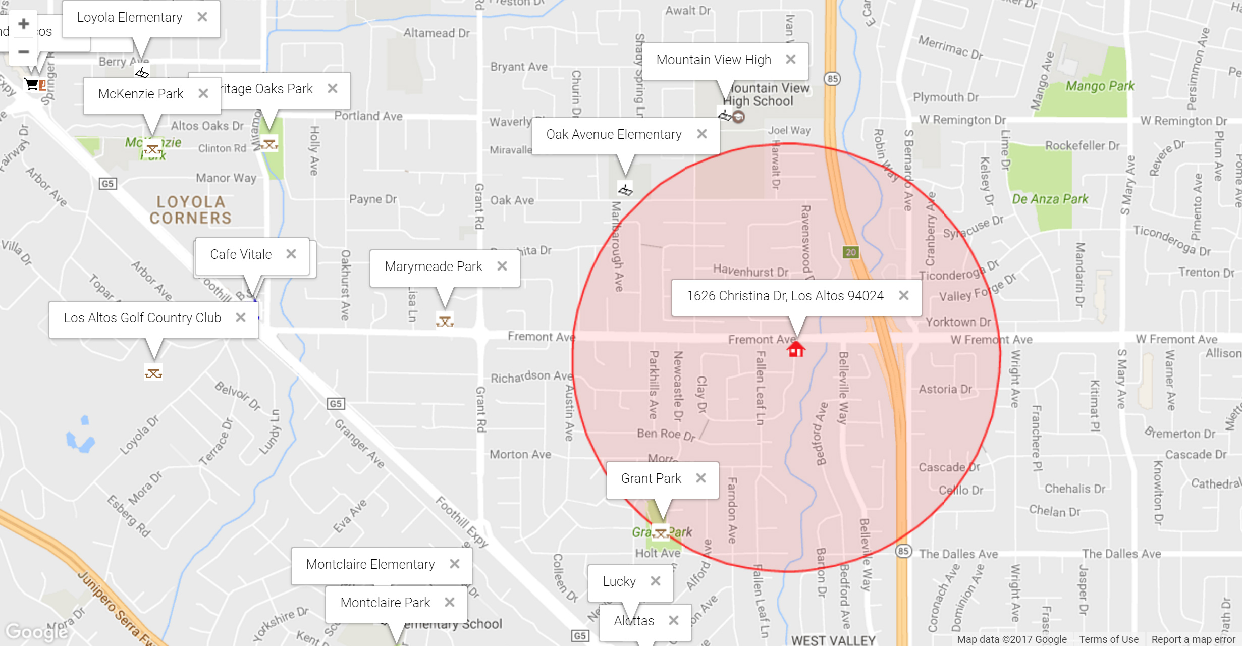 Map of attractions near 1626 Christina Dr, Los Altos 94024