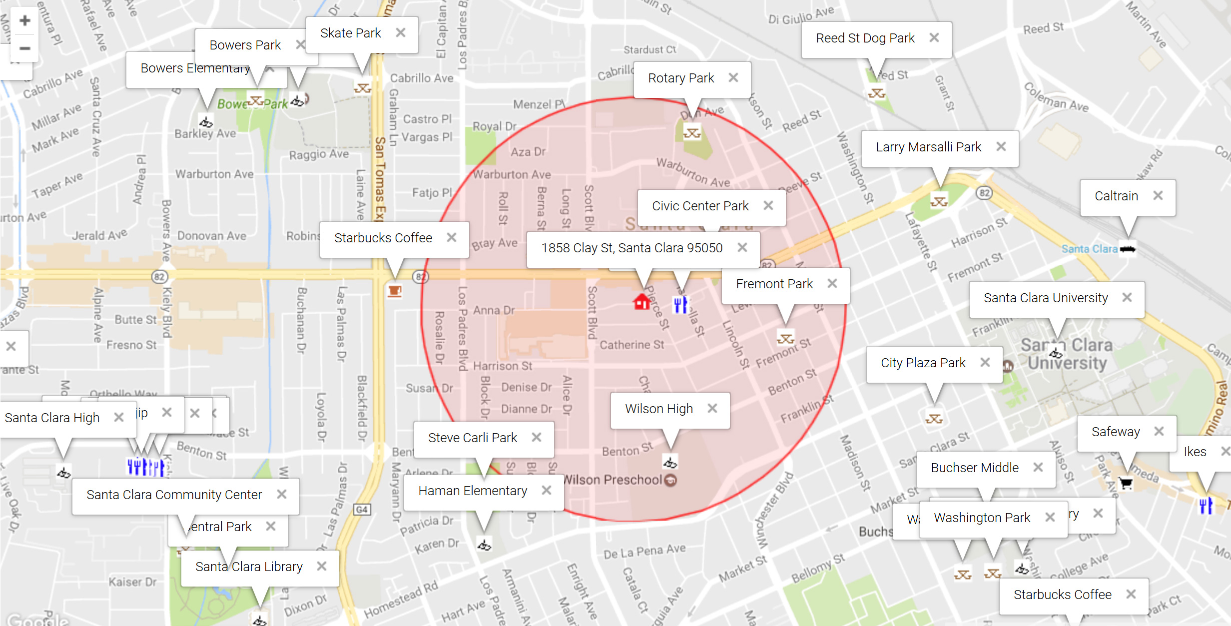 Map of attractions near 1858 Clay St, Santa Clara 95050