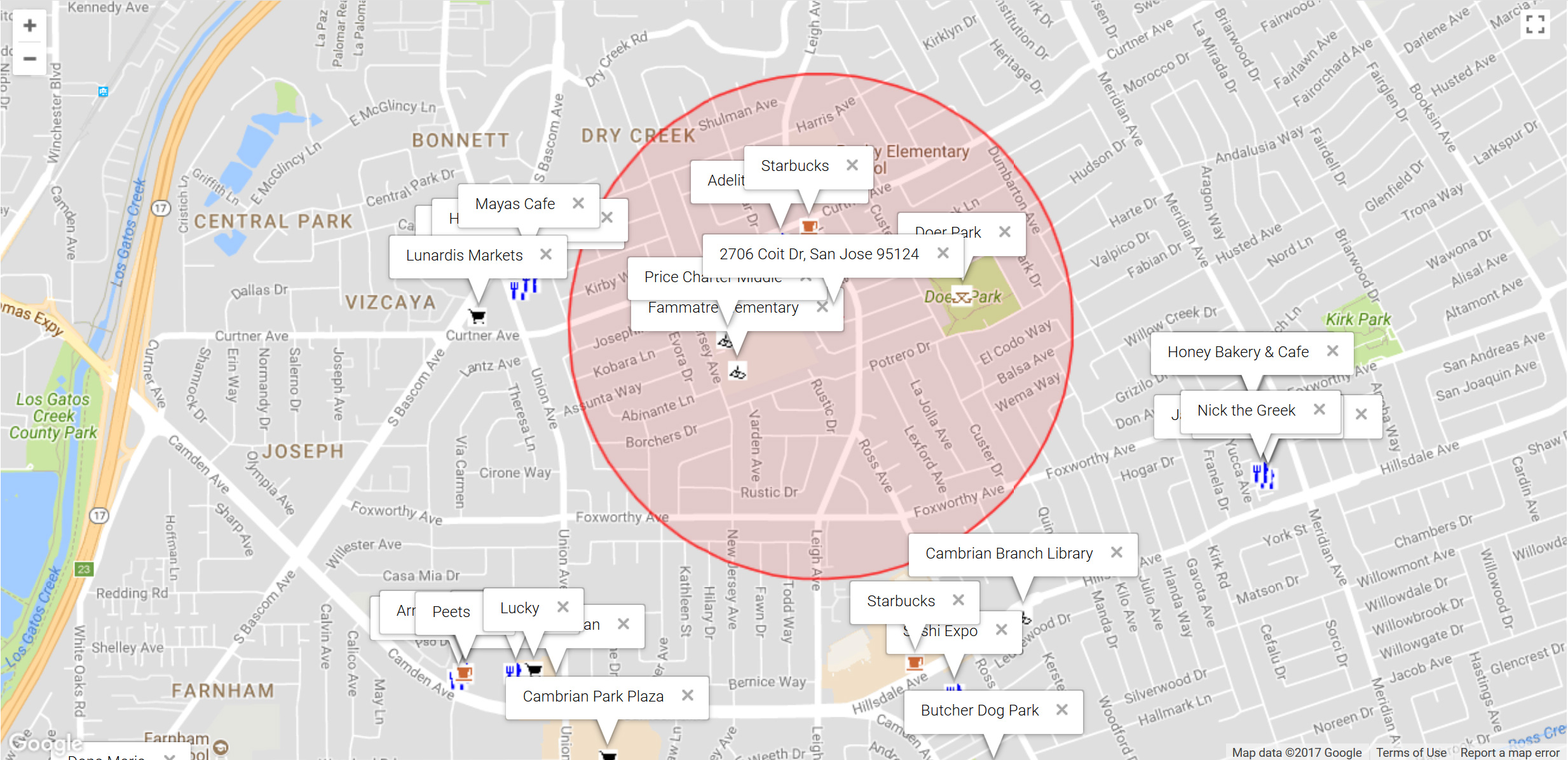 Map of attractions near 2706 Coit Dr, San Jose 95124
