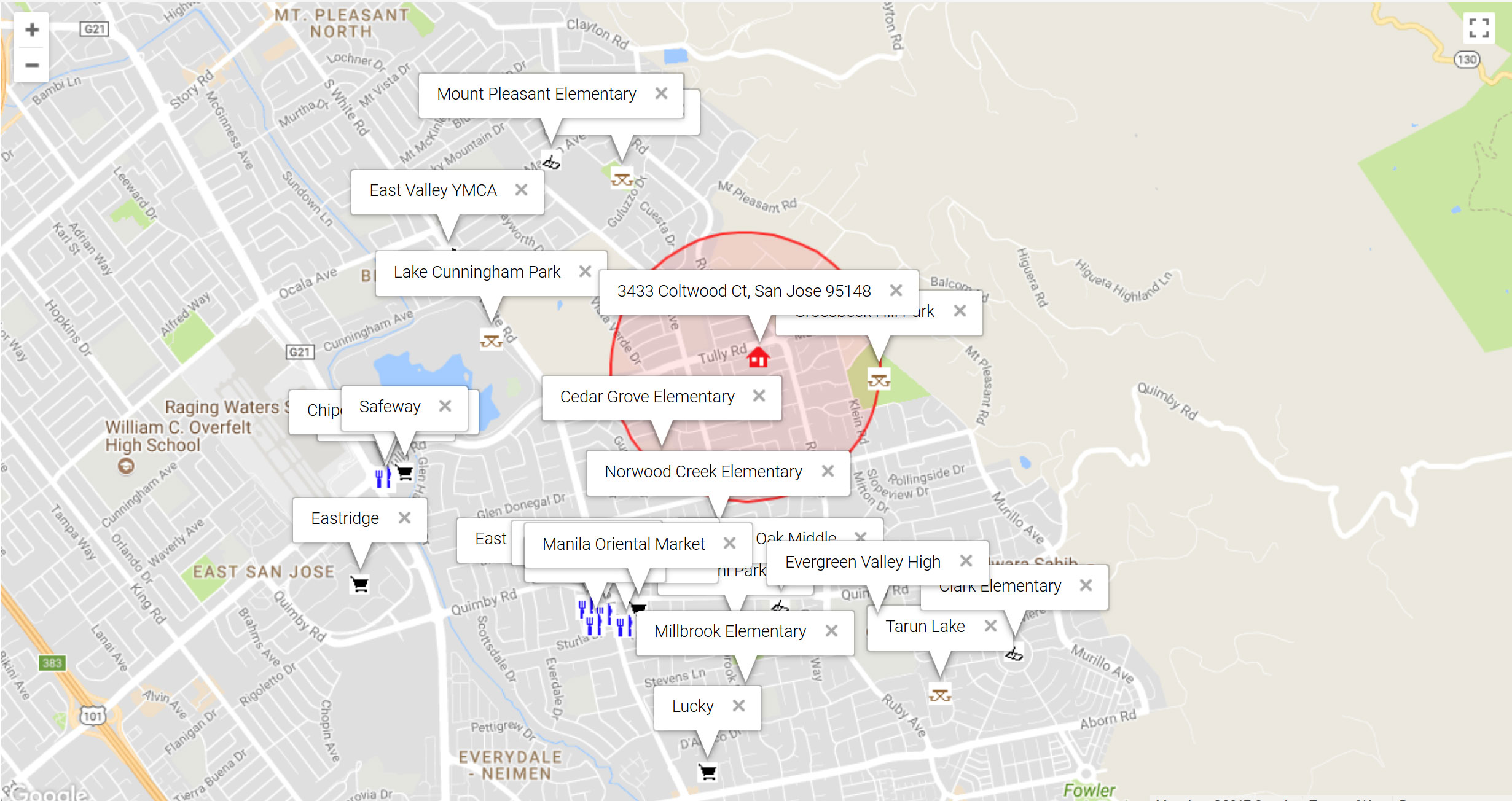 Map of attractions near 3433 Coltwood Ct, San Jose 95148