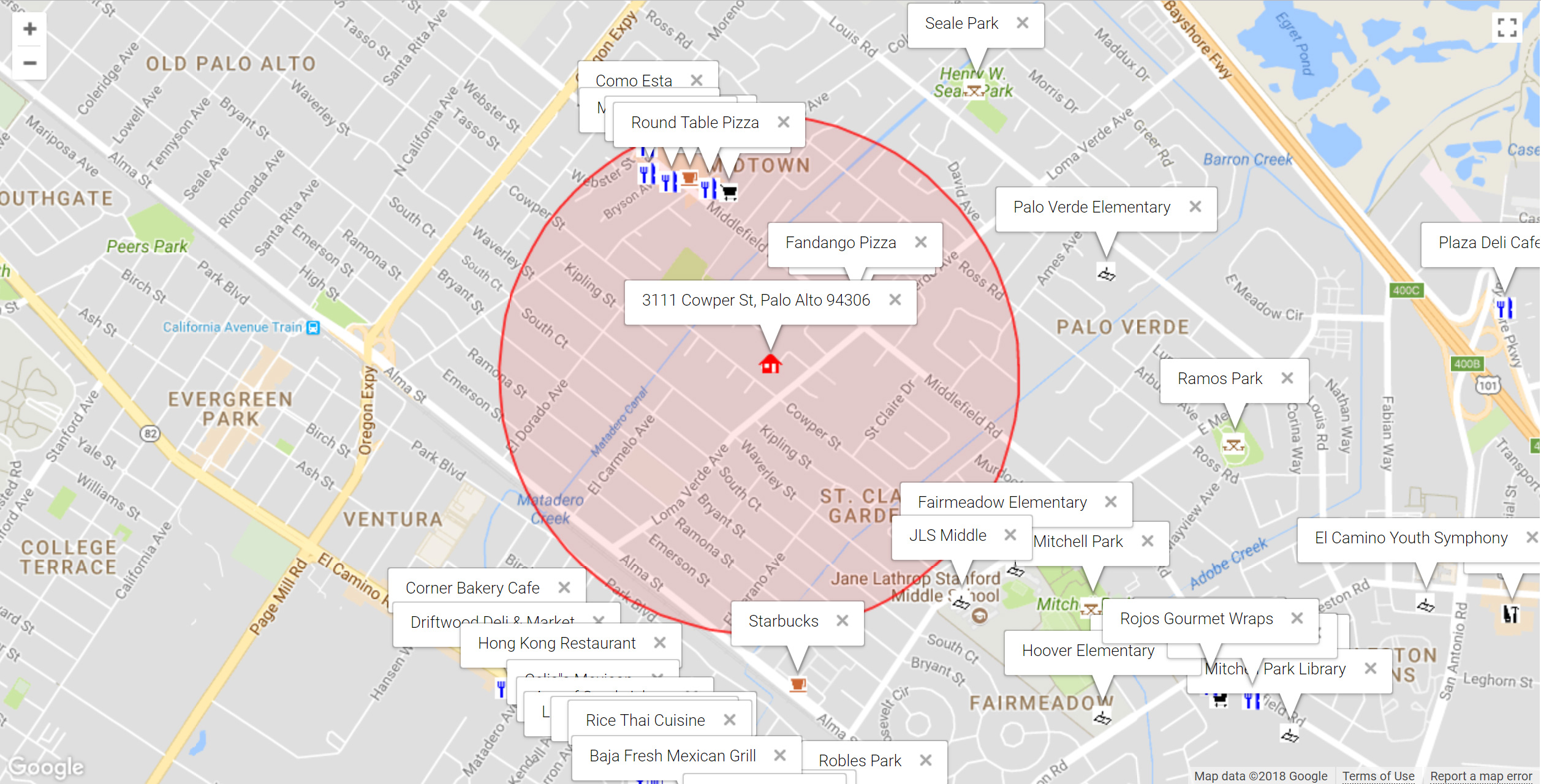 Map of attractions near 3111 Cowper St, Palo Alto 94306
