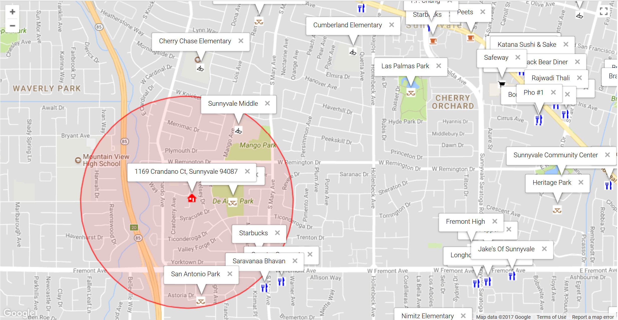 Map of attractions near 1169 Crandano Ct, Sunnyvale 94087