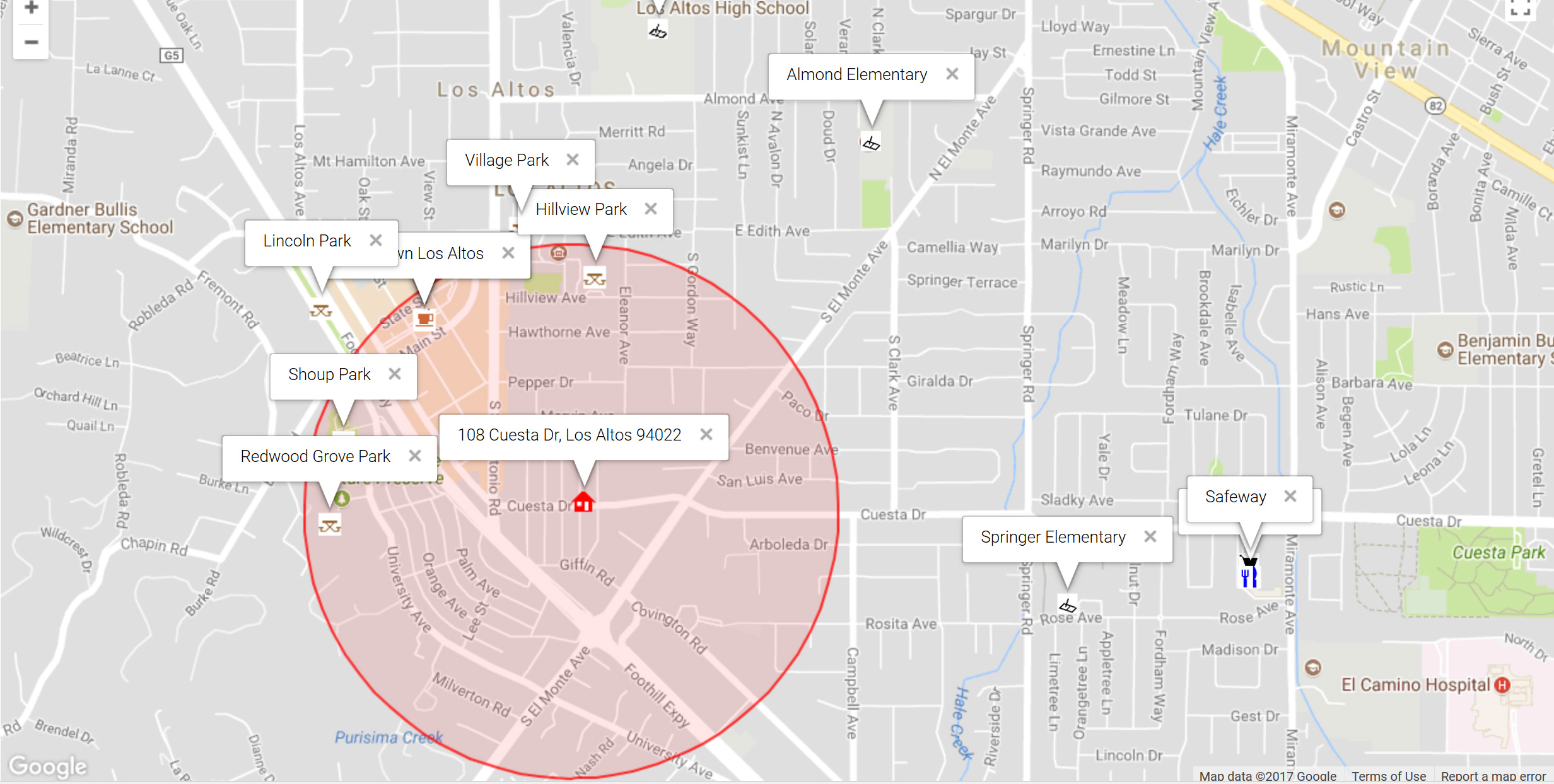 Map of attractions near 108 Cuesta Dr, Los Altos 94022