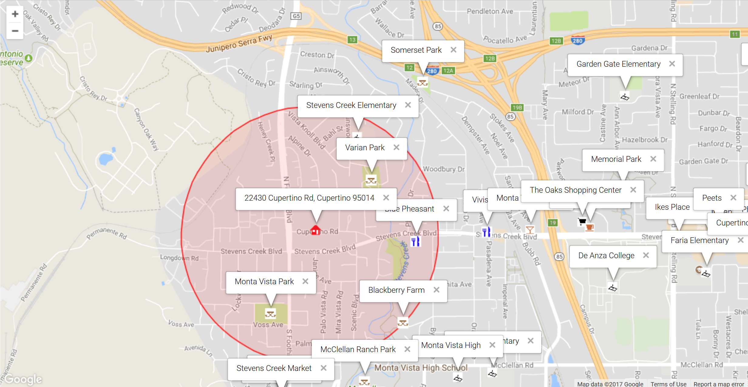 Map of attractions near 22430 Cupertino Rd, Cupertino 95014