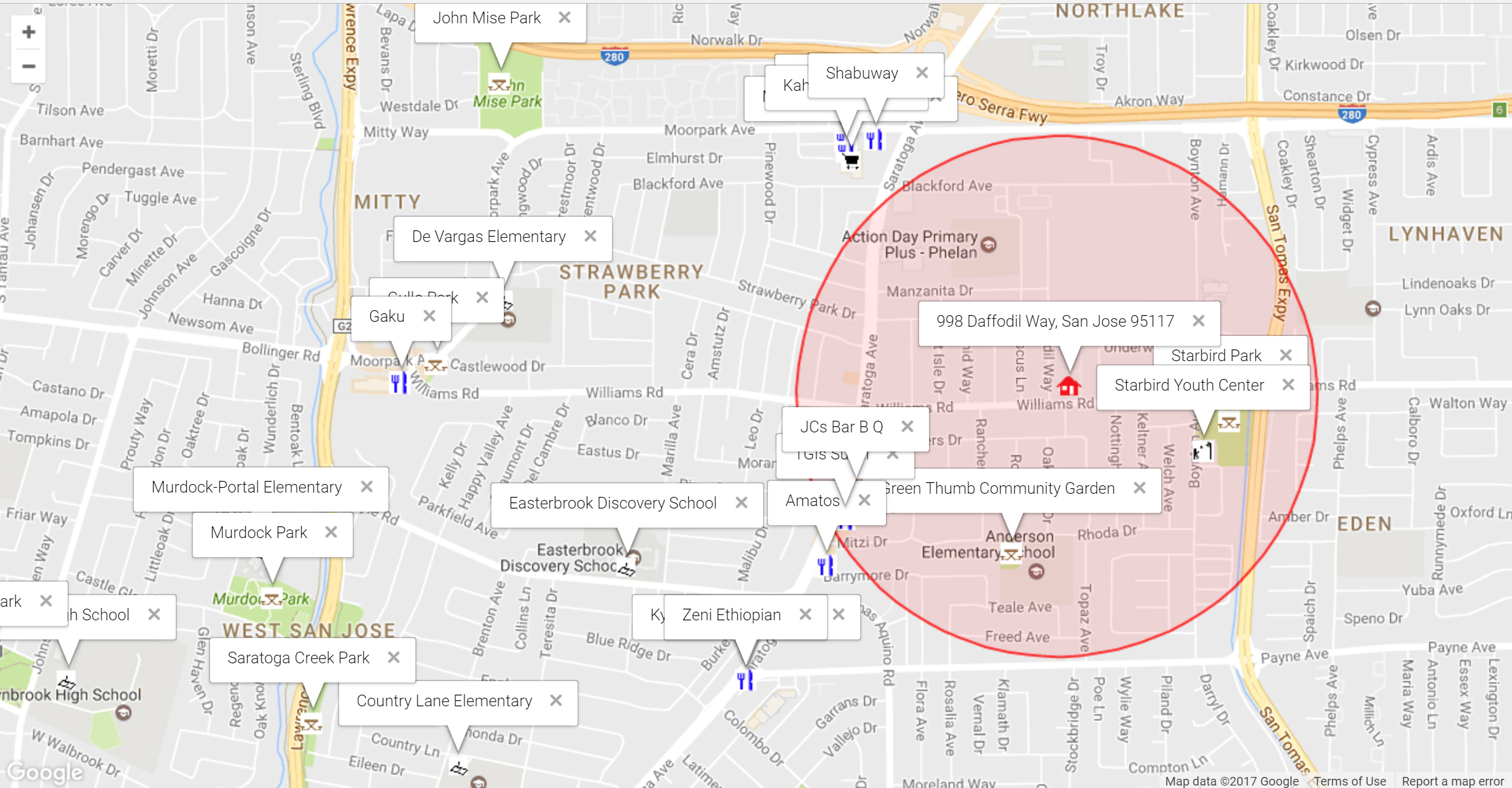 Map of attractions near 998 Daffodil Way, San Jose 95117