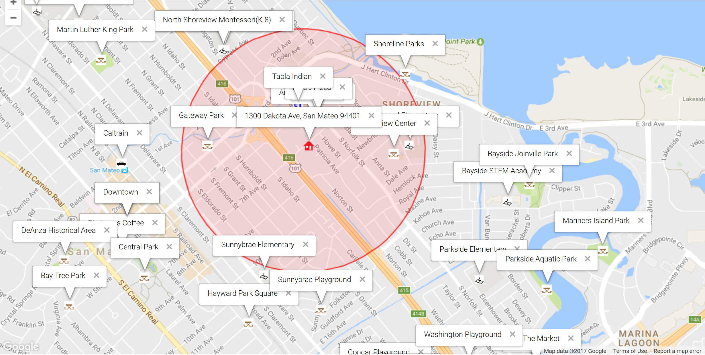 Map of attractions near 1300 Dakota Ave, San Mateo 94401