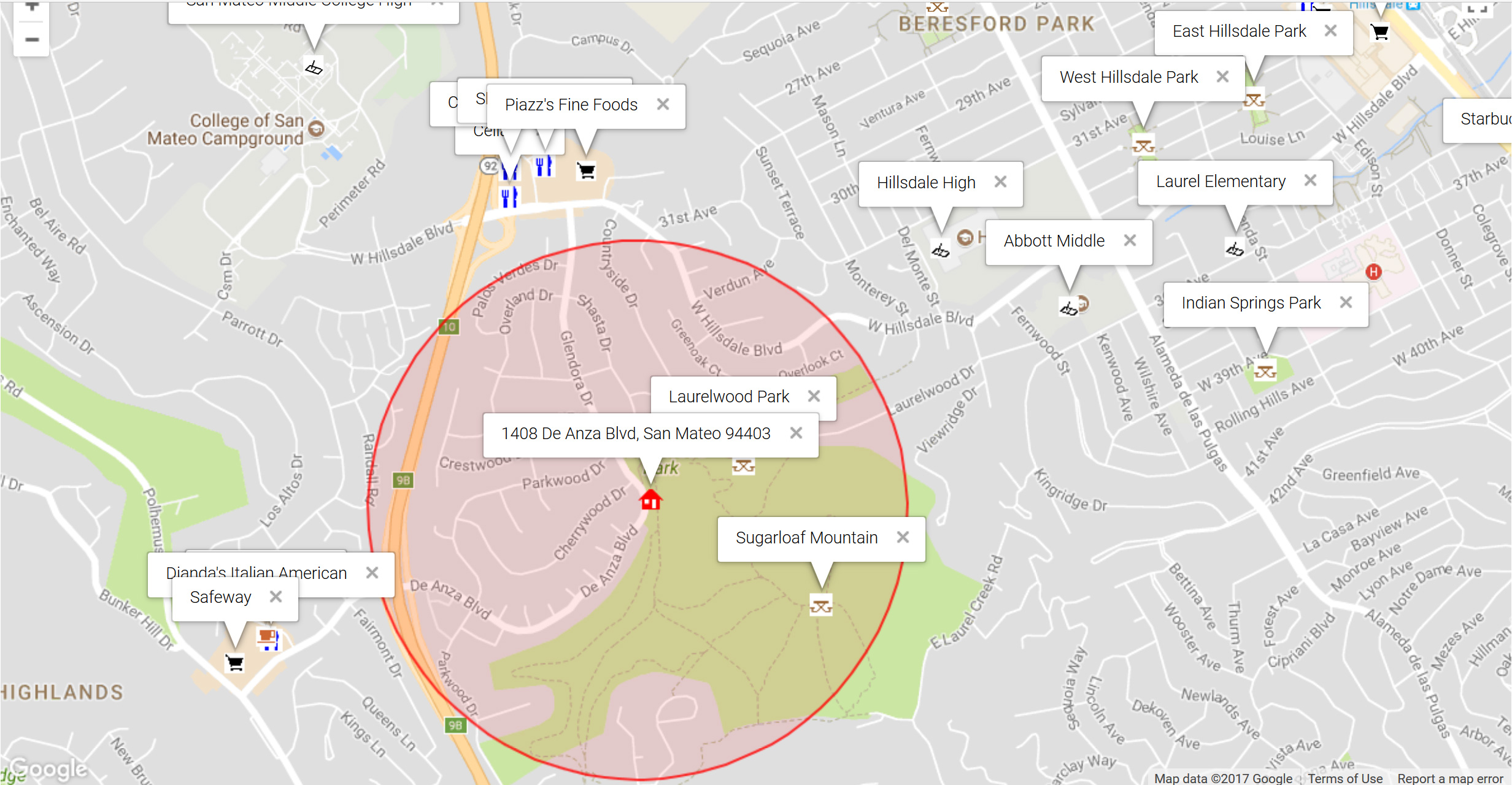 Map of attractions near 1408 De Anza Blvd, San Mateo 94403
