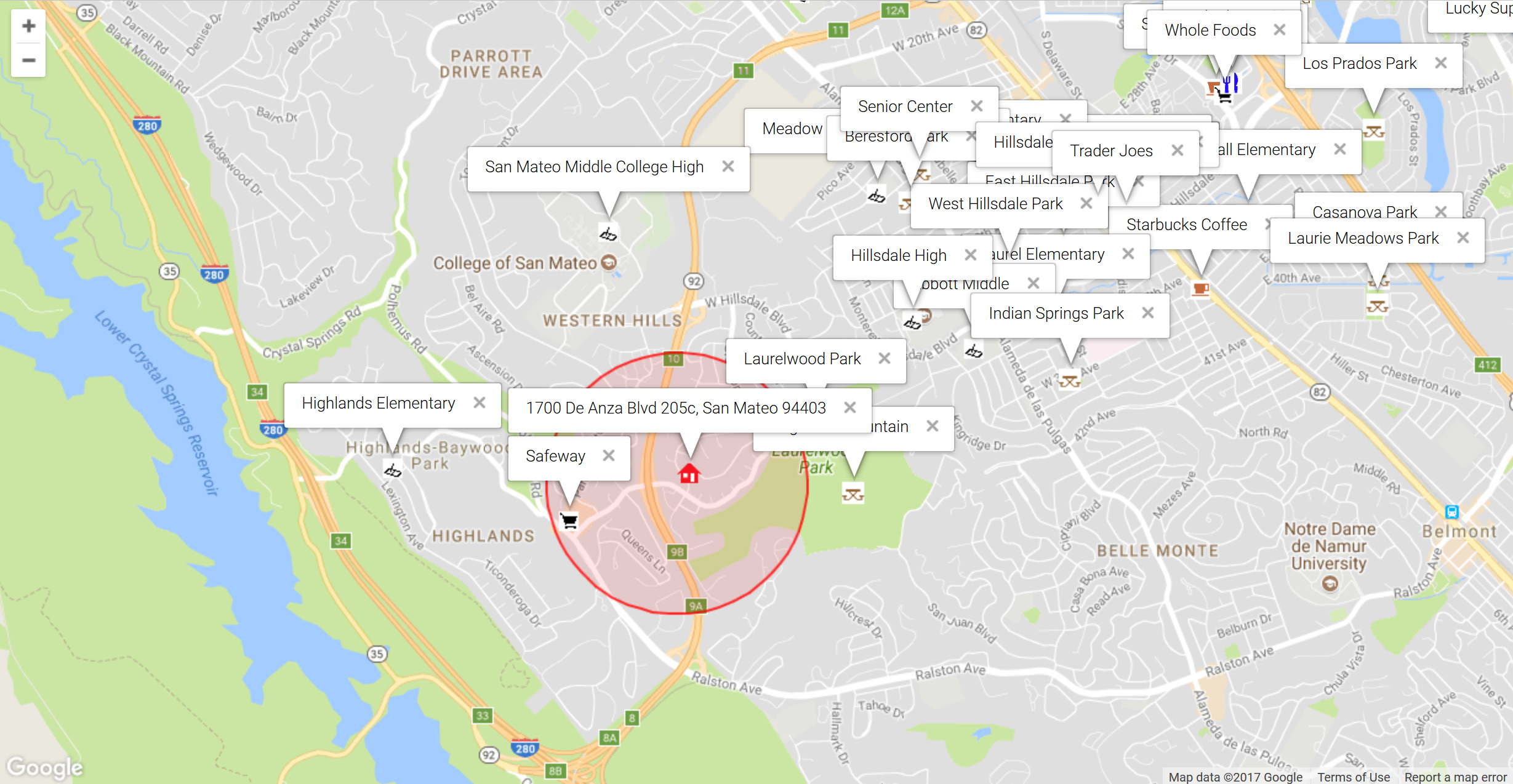 Map of attractions near 1700 De Anza Blvd 205c, San Mateo 94403