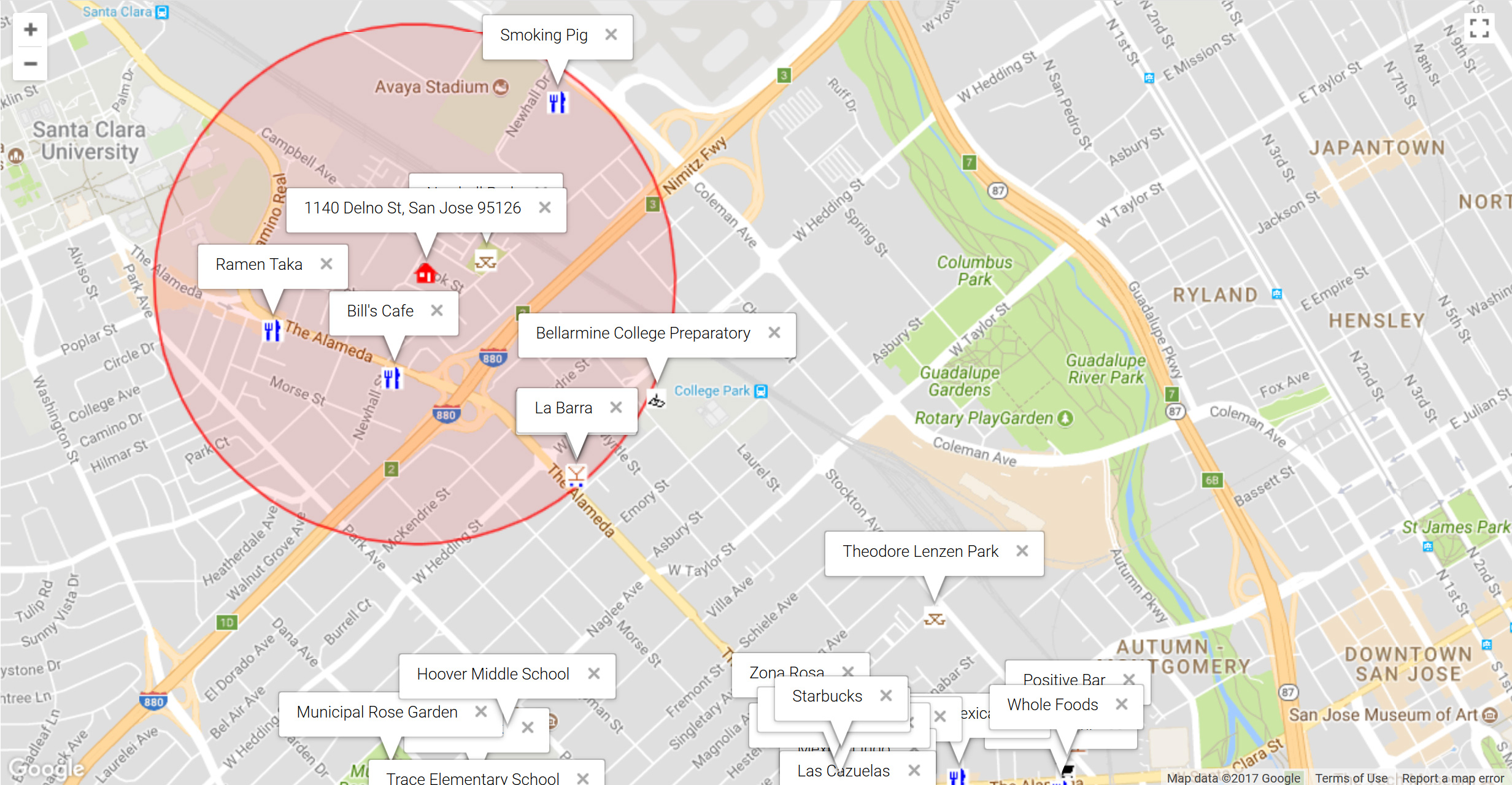 Map of attractions near 1140 Delno St, San Jose 95126