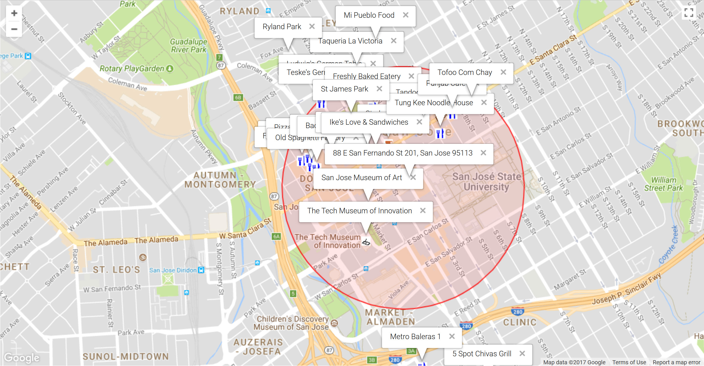 Map of attractions near 88 E San Fernando St 201, San Jose 95113
