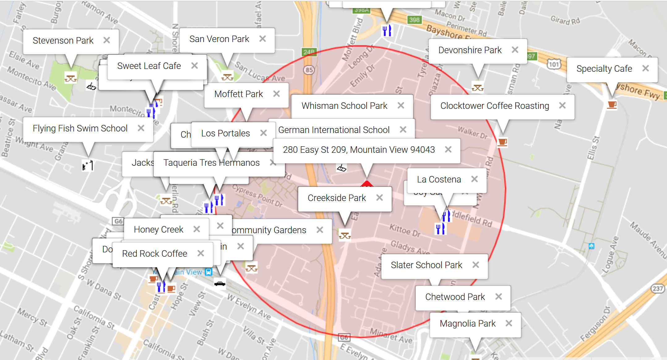 Map of attractions near 280 Easy St 209, Mountain View 94043