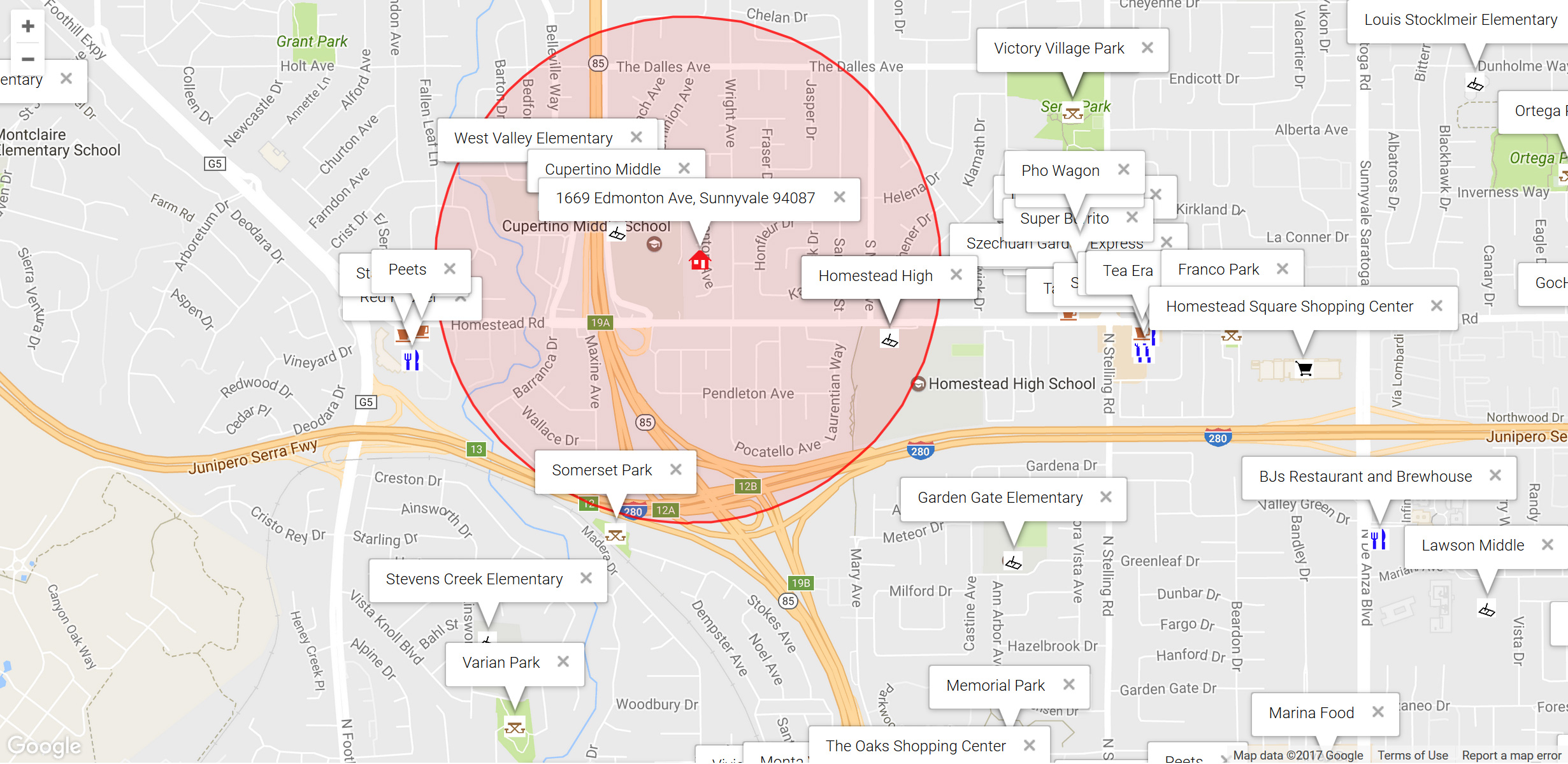 Map of attractions near 1669 Edmonton Ave, Sunnyvale 94087