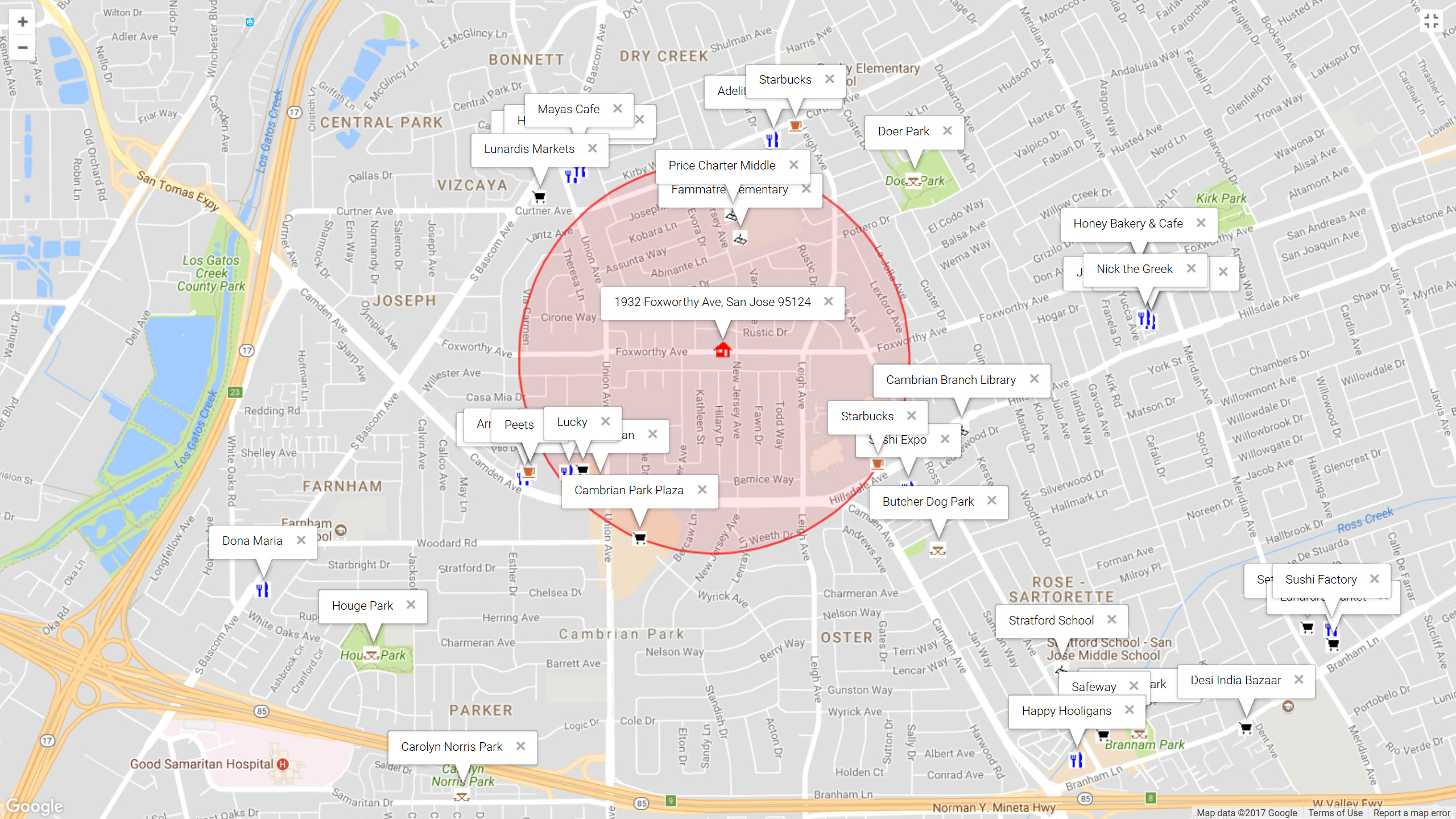 Map of attractions near 1932 Foxworthy Ave, San Jose 95124