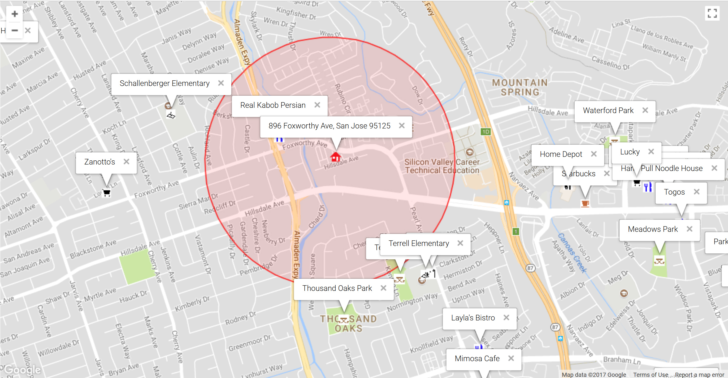 Map of attractions near 896 Foxworthy Ave, San Jose 95125