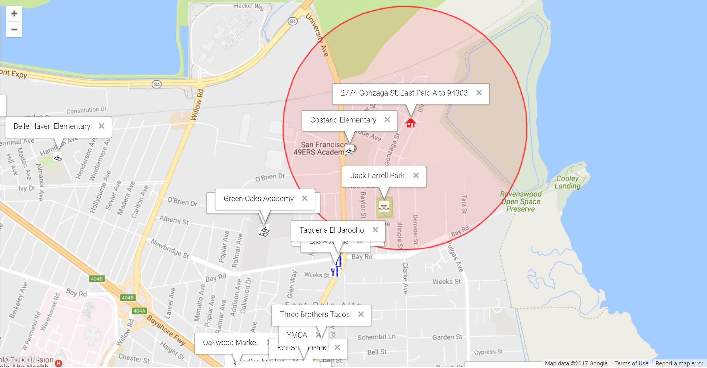 Map of attractions near 2774 Gonzaga St, East Palo Alto 94303