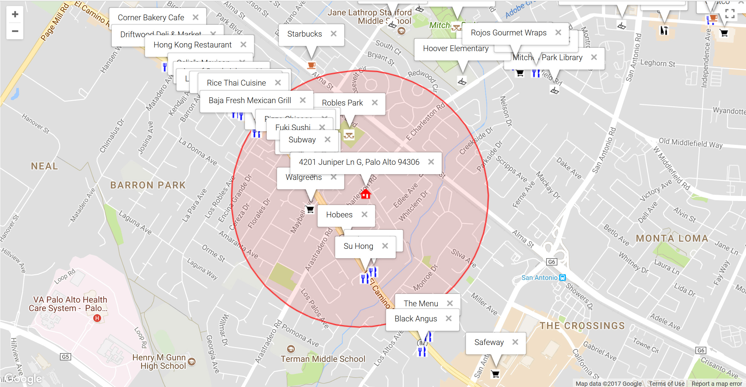 Map of attractions near 4201 Juniper Ln G, Palo Alto 94306