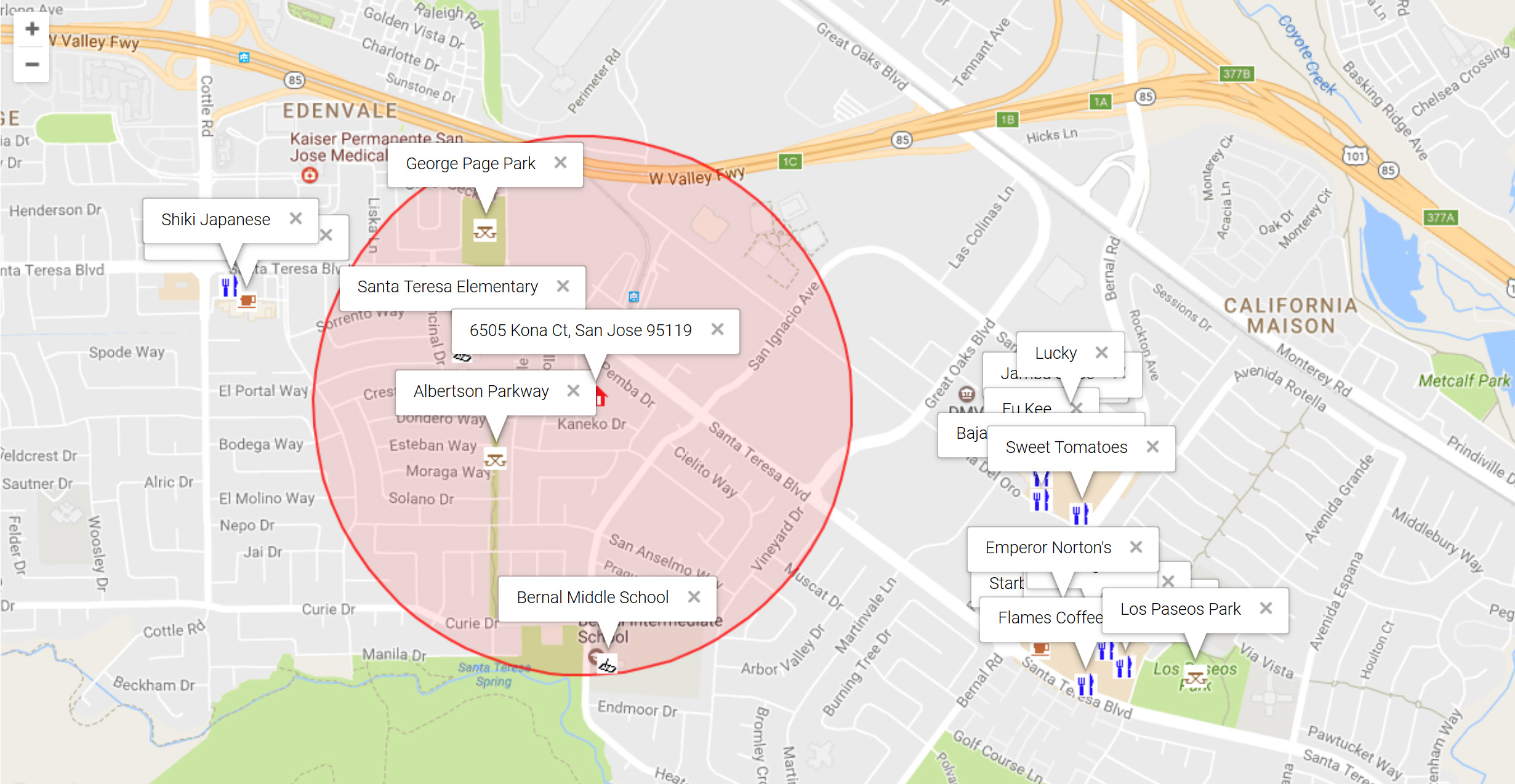 Map of attractions near 6505 Kona Ct, San Jose 95119