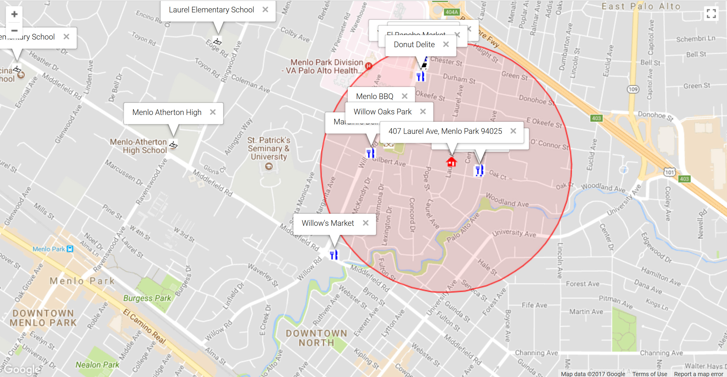 Map of attractions near 407 Laurel Ave, Menlo Park 94025
