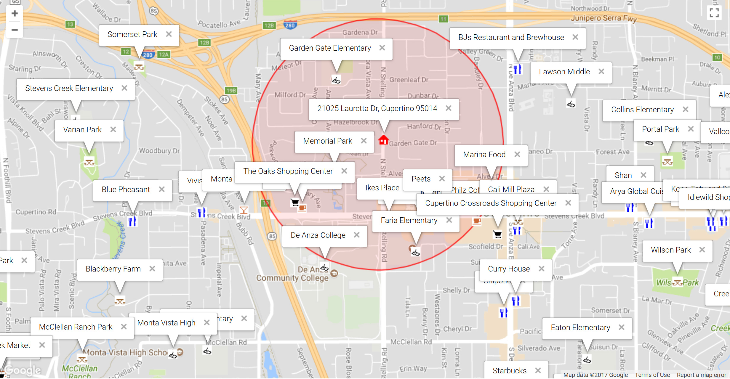 Map of attractions near 21025 Lauretta Dr, Cupertino 95014