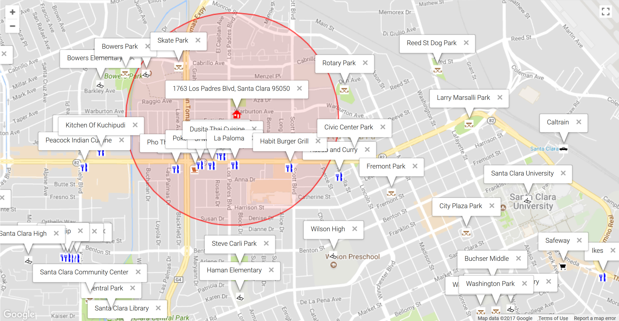 Map of attractions near 1763 Los Padres Blvd, Santa Clara 95050