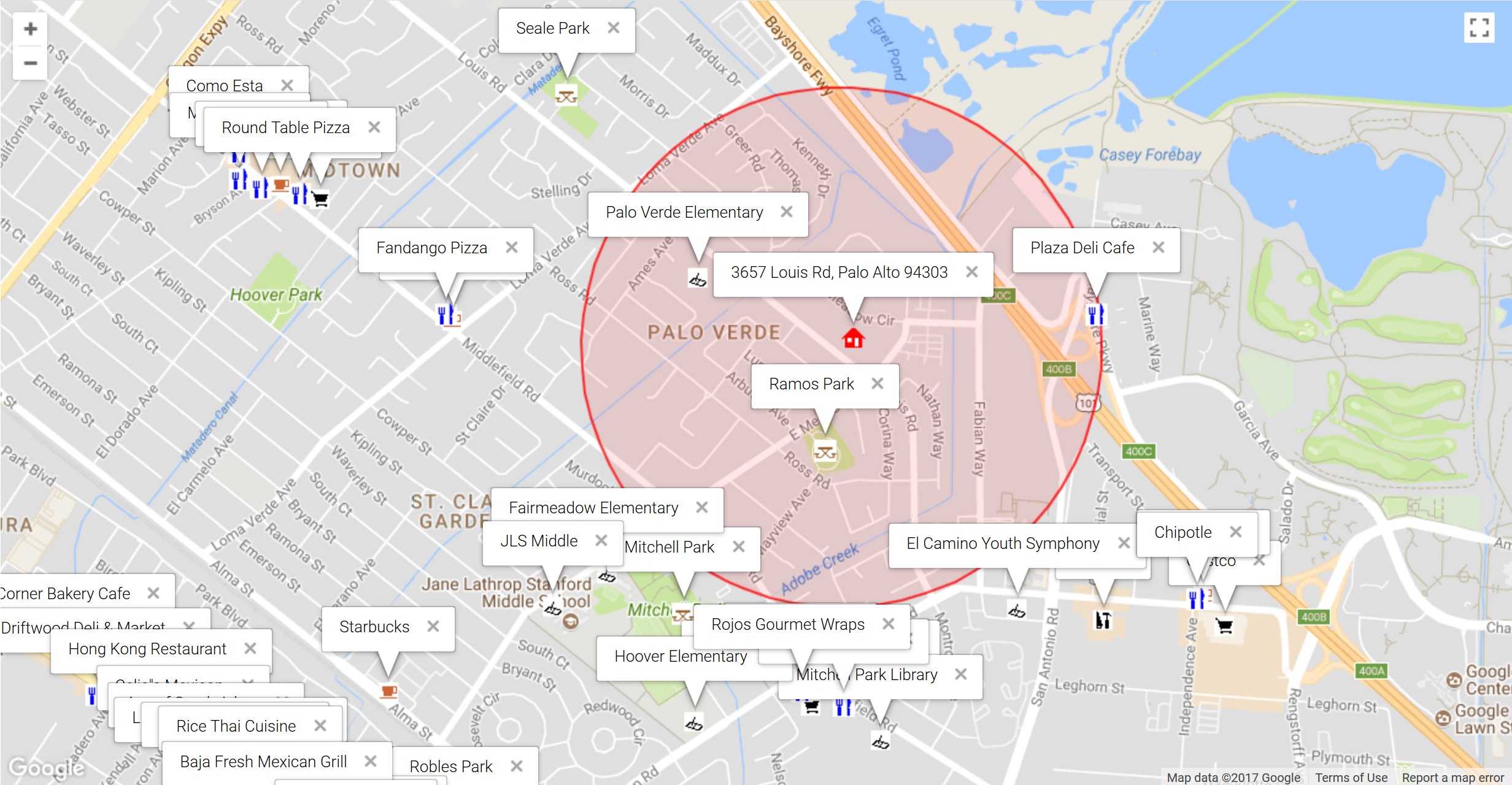 Map of attractions near 3657 Louis Rd, Palo Alto 94303