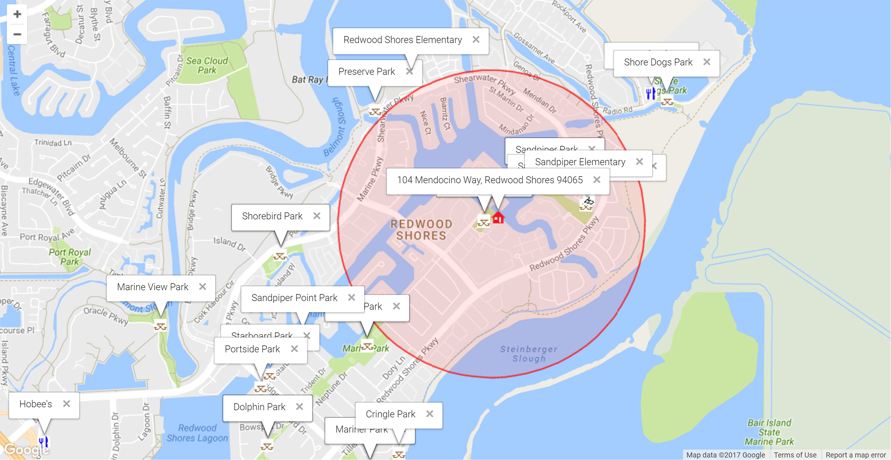 Map of attractions near 104 Mendocino Way, Redwood Shores 94065