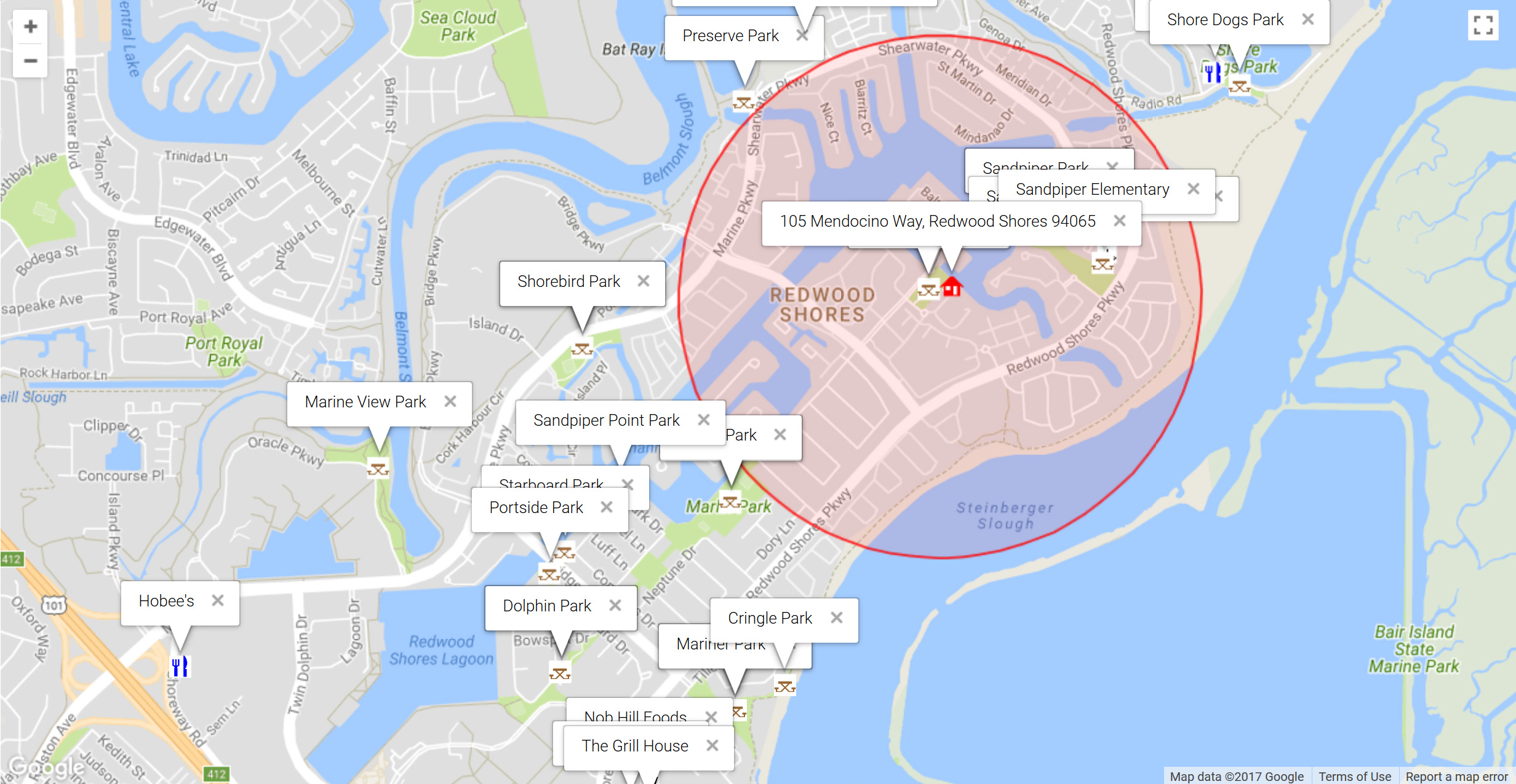 Map of attractions near 105 Mendocino Way, Redwood Shores 94065