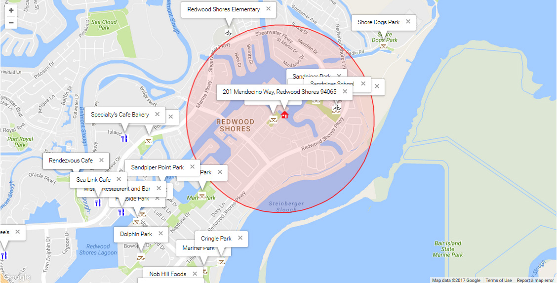 Map of attractions near 201 Mendocino Way, Redwood Shores 94065