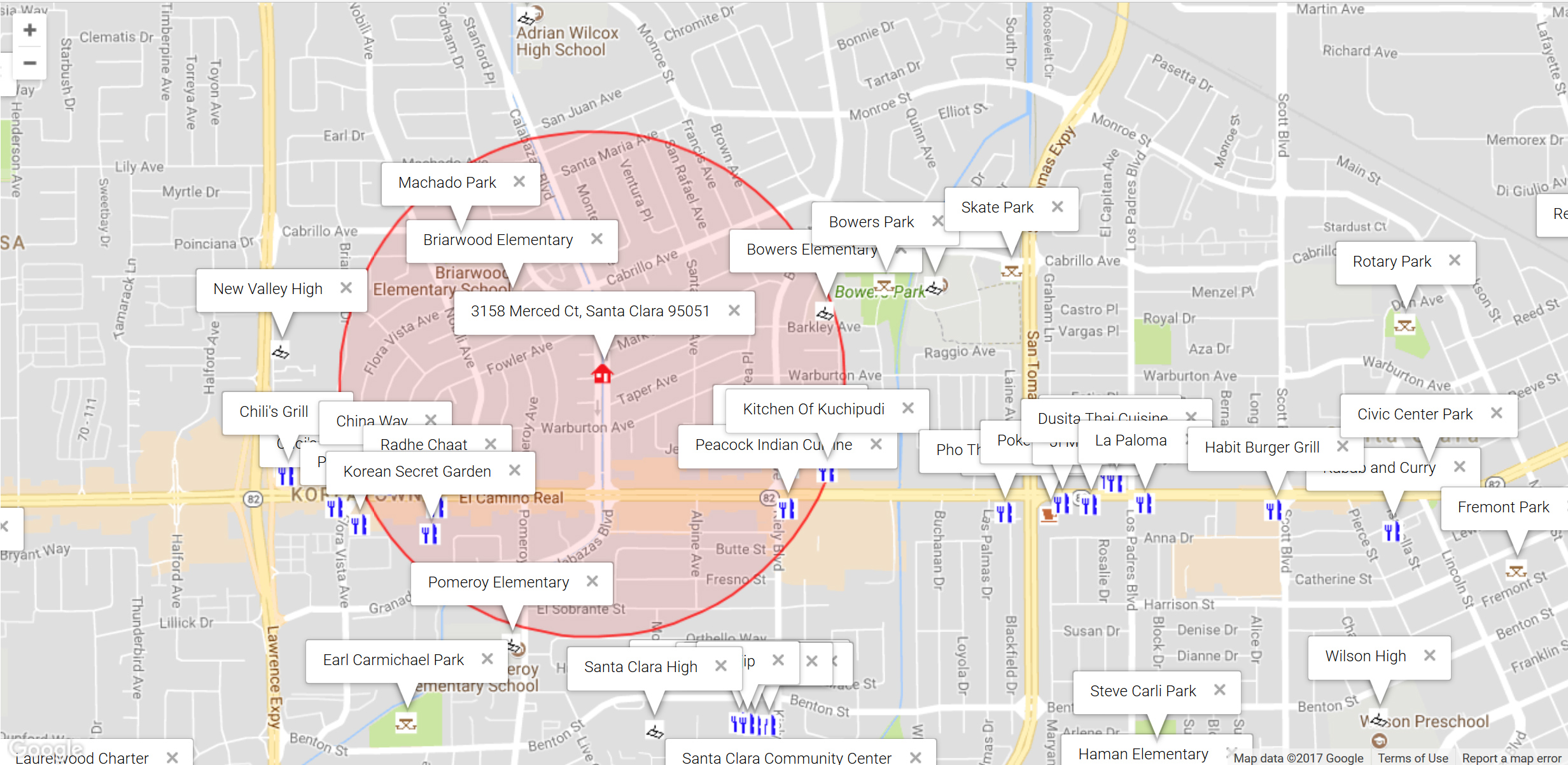 Map of attractions near 3158 Merced Ct, Santa Clara 95051