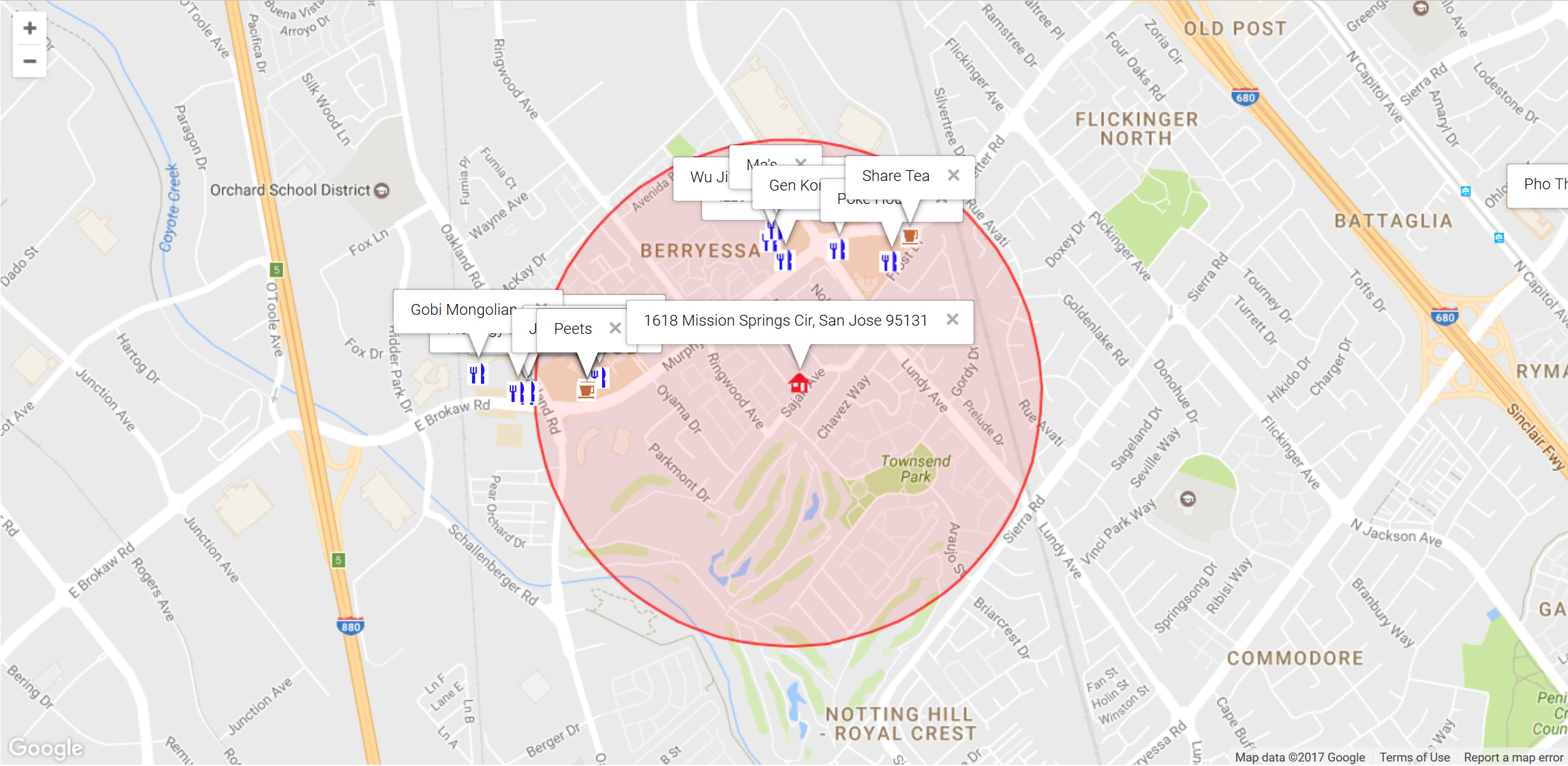 Map of attractions near 1618 Mission Springs Cir, San Jose 95131
