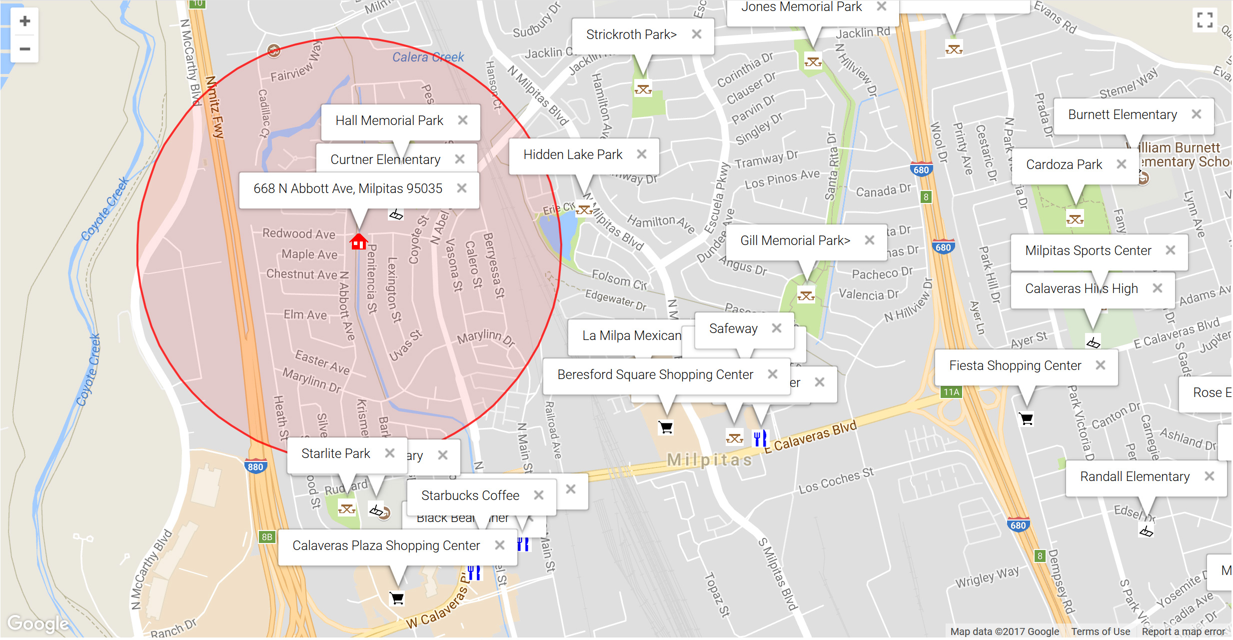 Map of attractions near 668 N Abbott Ave, Milpitas 95035