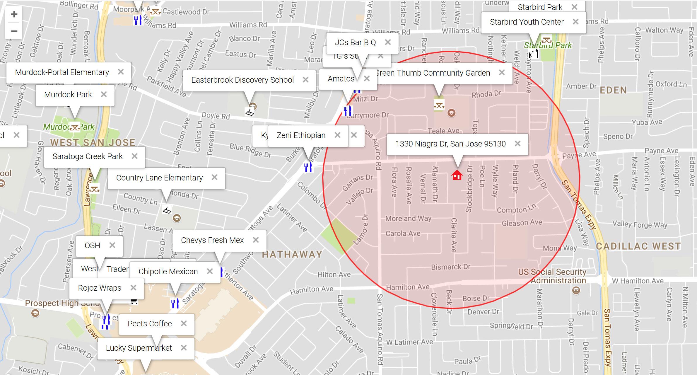 Map of attractions near 1330 Niagara Dr, San Jose 95130