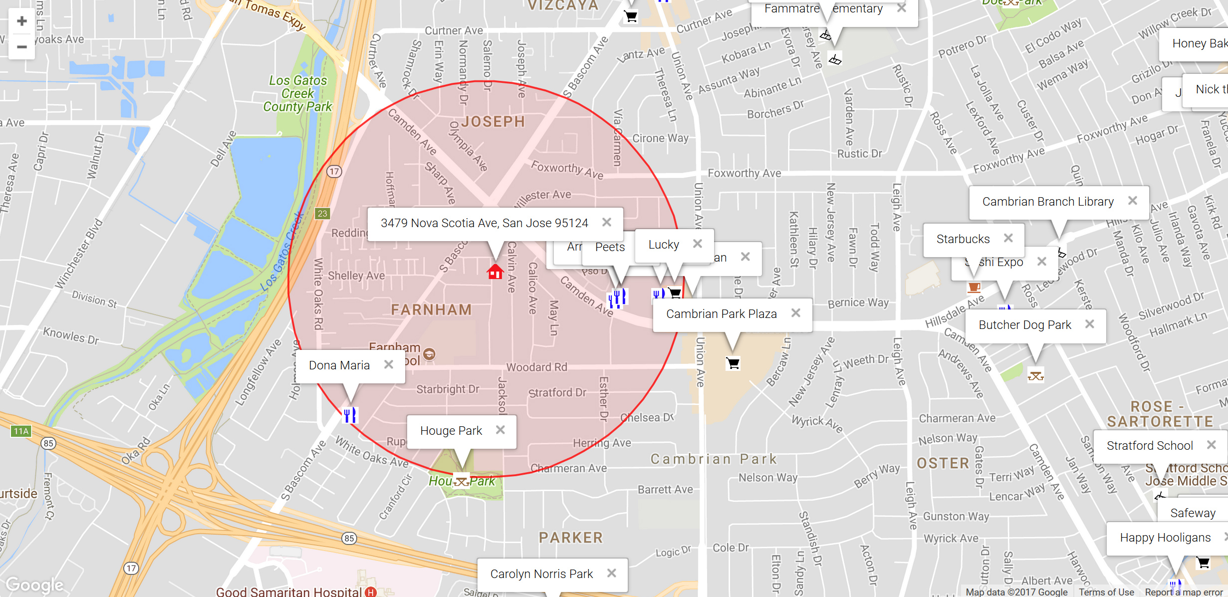 Map of attractions near 3479 Nova Scotia Ave, San Jose 95124