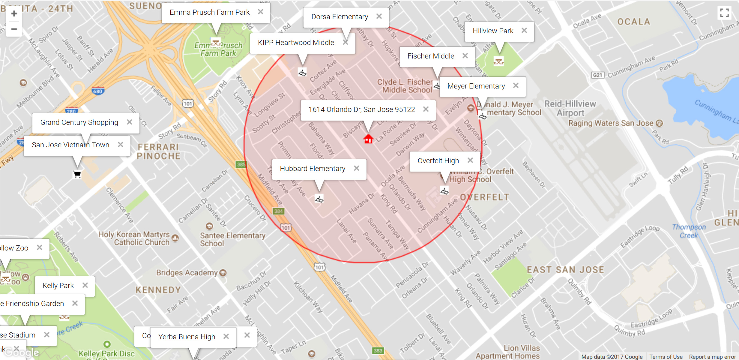Map of attractions near 1614 Orlando Dr, San Jose 95122
