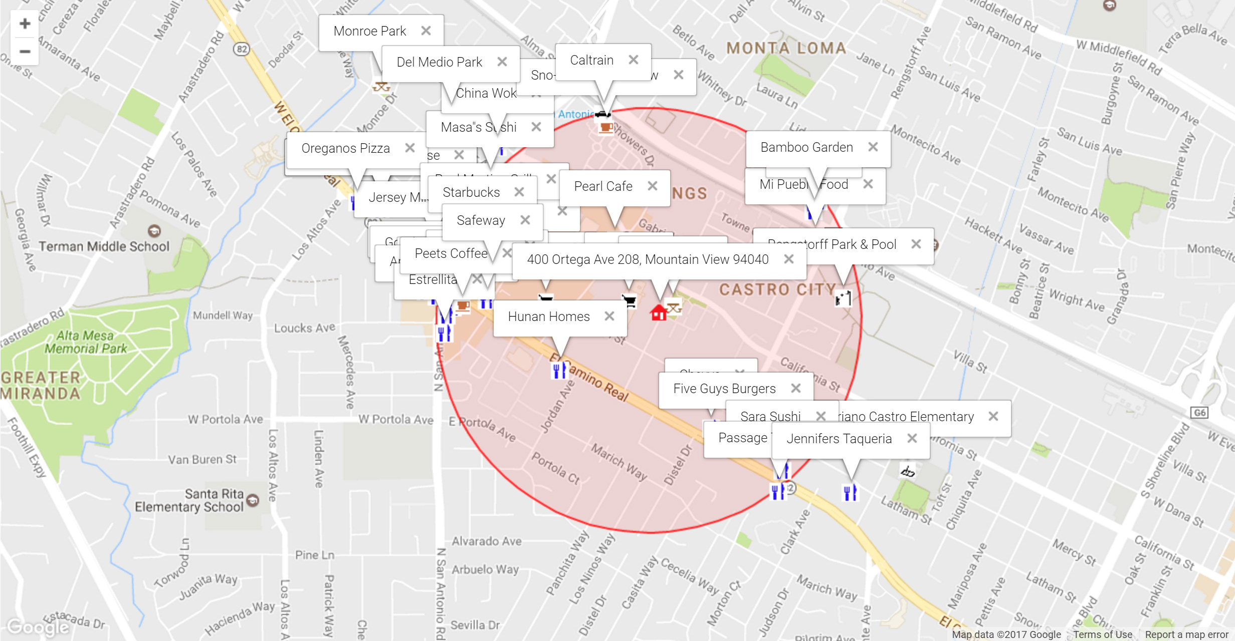 Map of attractions near 400 Ortega Ave 208, Mountain View 94040