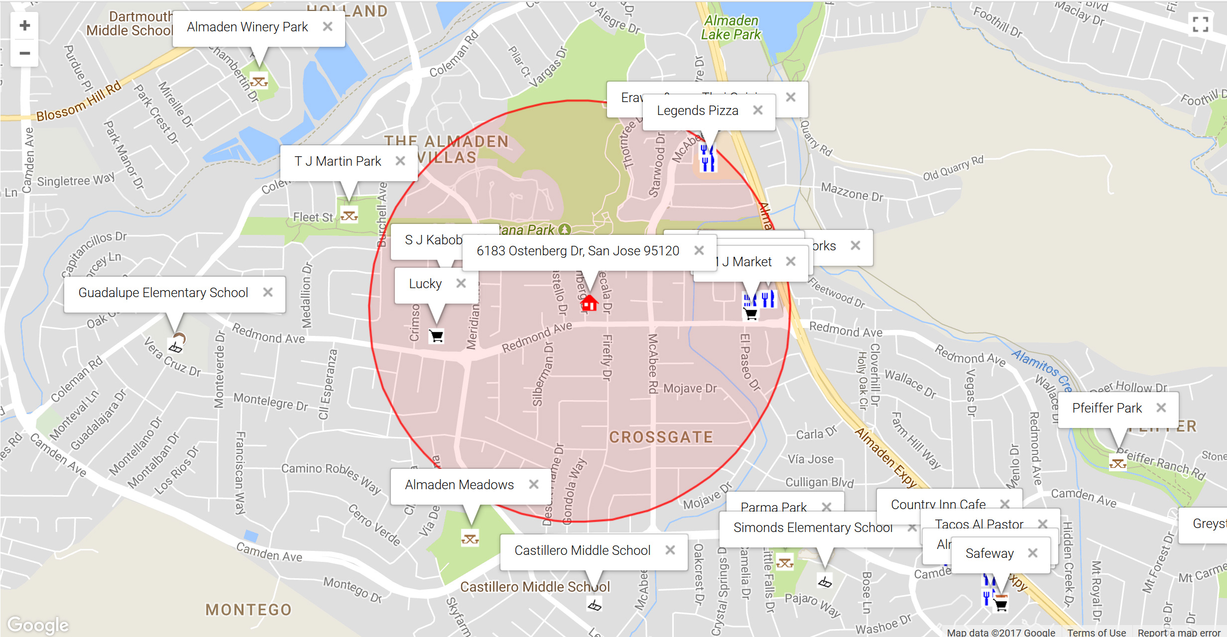Map of attractions near 6183 Ostenberg Dr, San Jose 95120