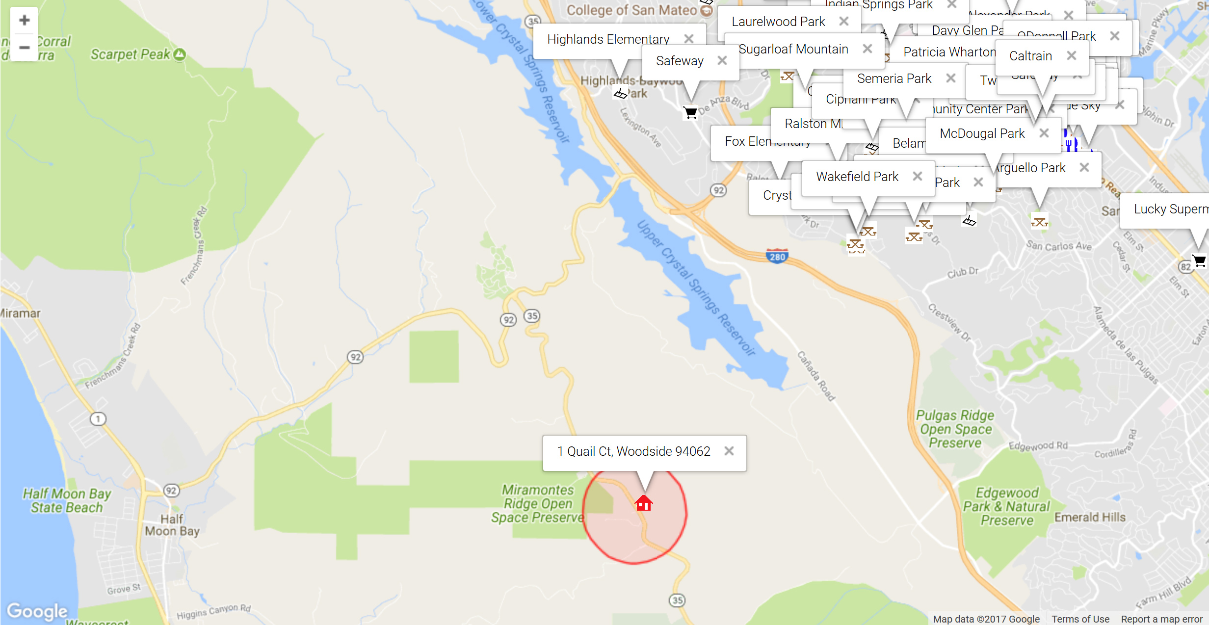 Map of attractions near 1 Quail Ct, Woodside 94062