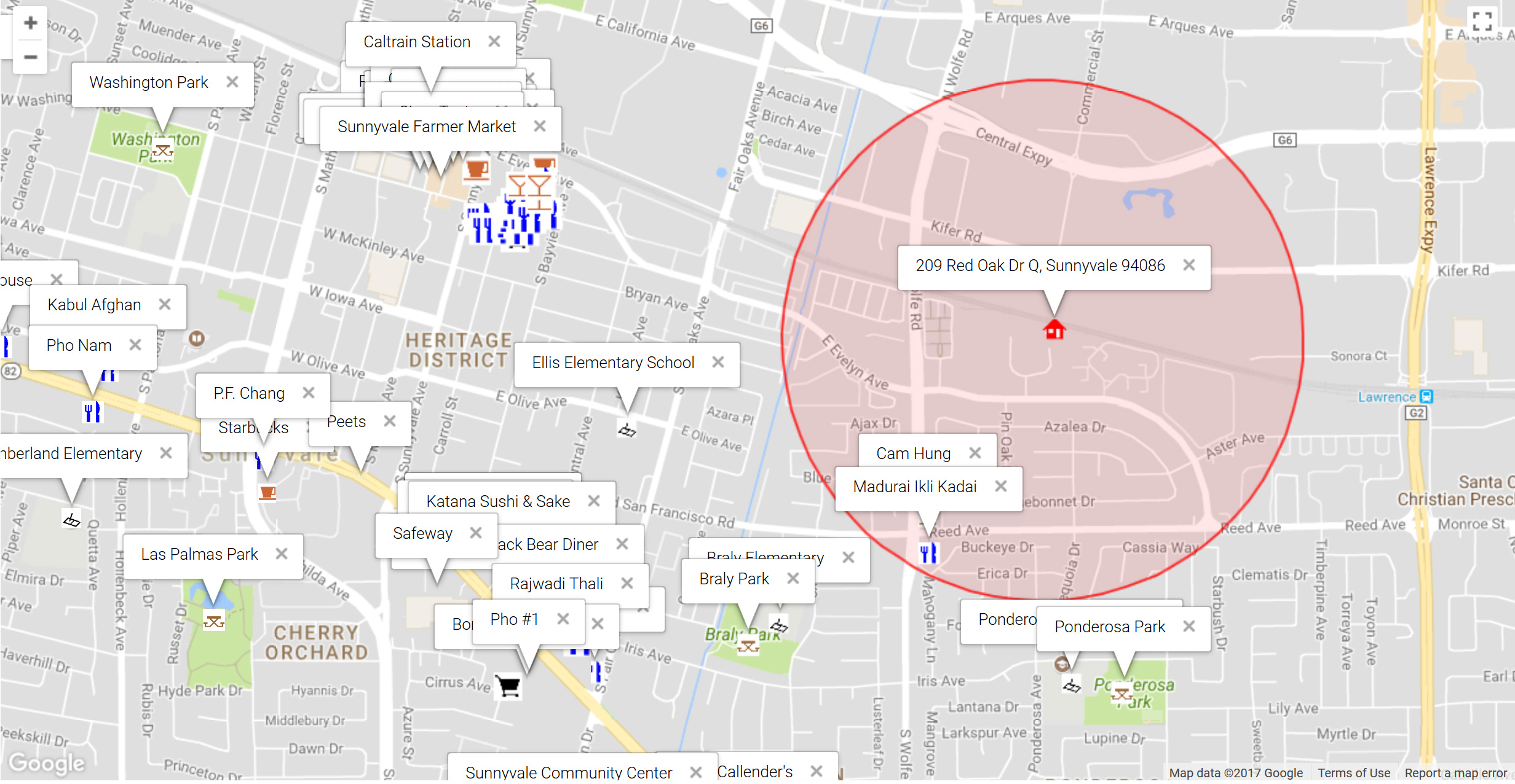 Map of attractions near 209 Red Oak Dr Q, Sunnyvale 94086