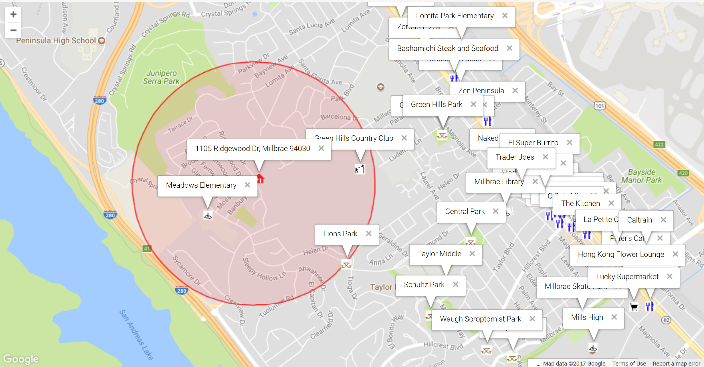 Map of attractions near 1105 Ridgewood Dr, Millbrae 94030